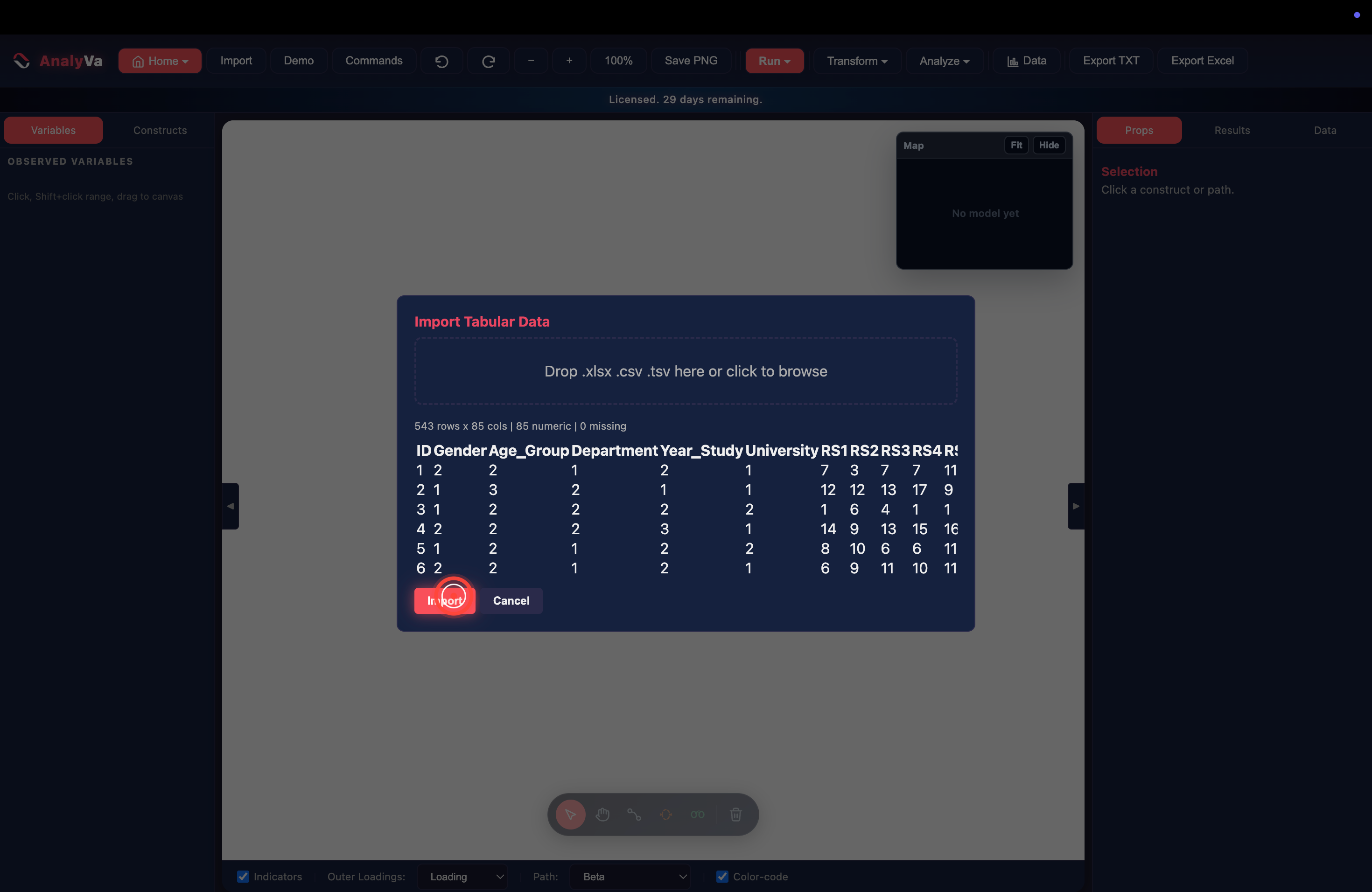 The Import Tabular Data dialog with a preview of the file