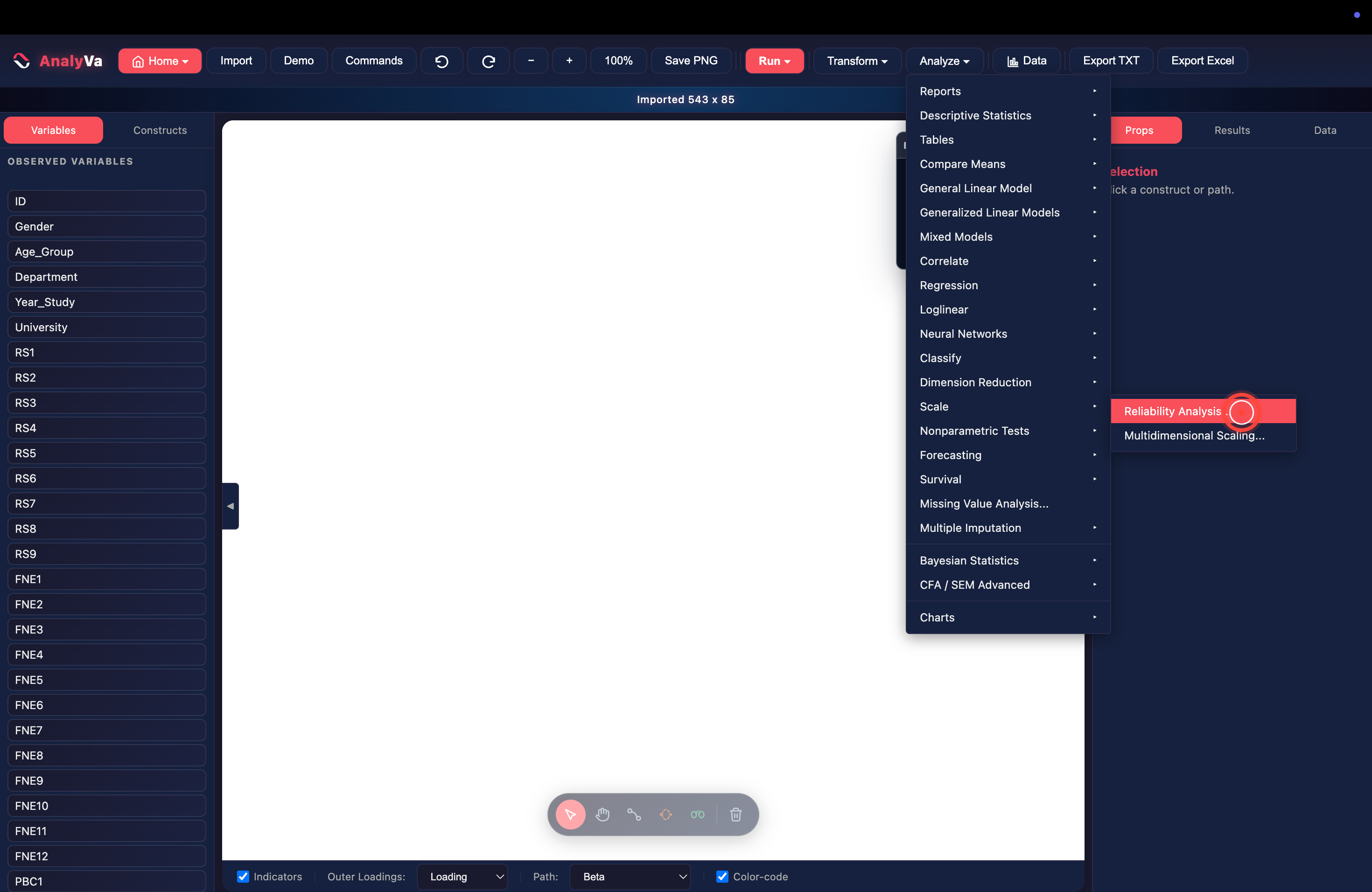 The Analyze menu with Scale → Reliability Analysis highlighted