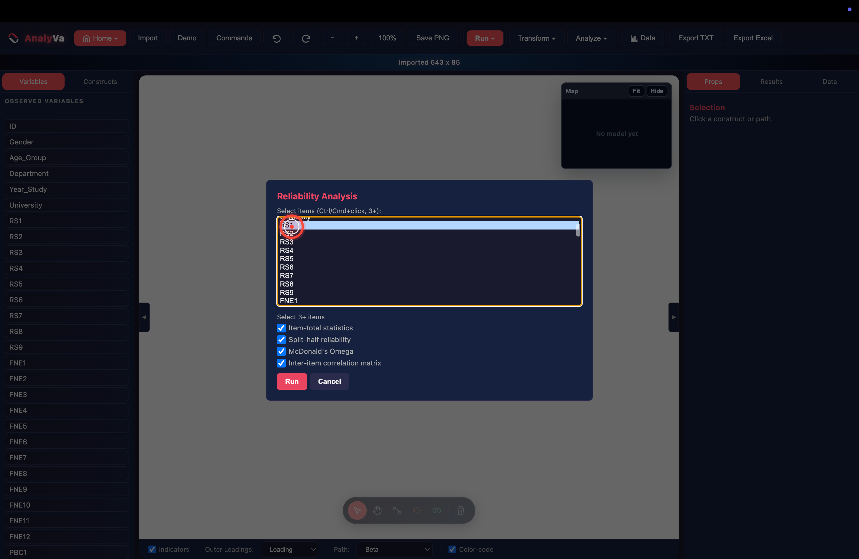 The Reliability Analysis dialog, ready for item selection