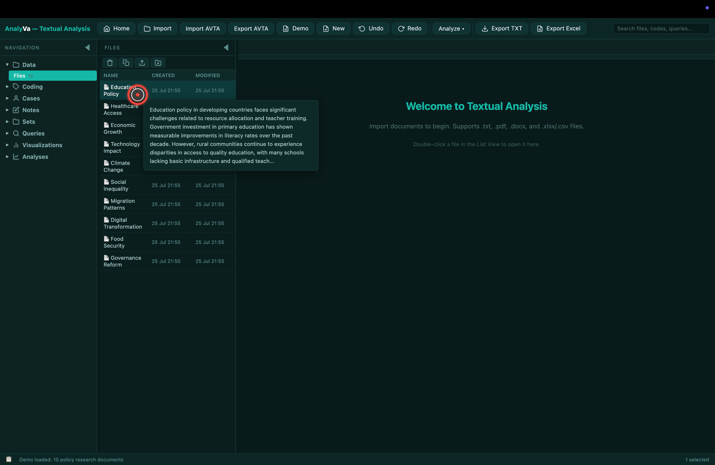 Textual Analysis workspace loaded, ready to import files