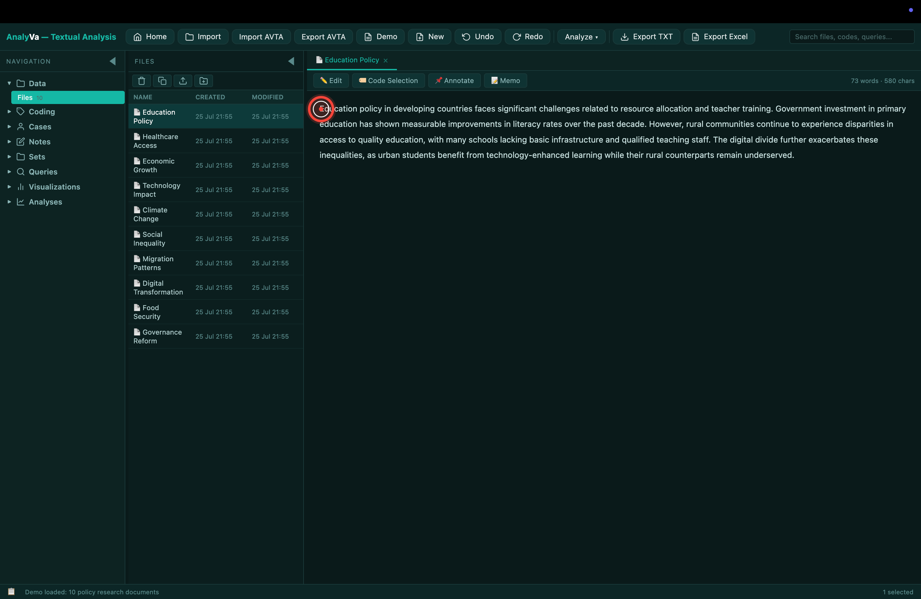 Import options and the Demo shortcut in the toolbar