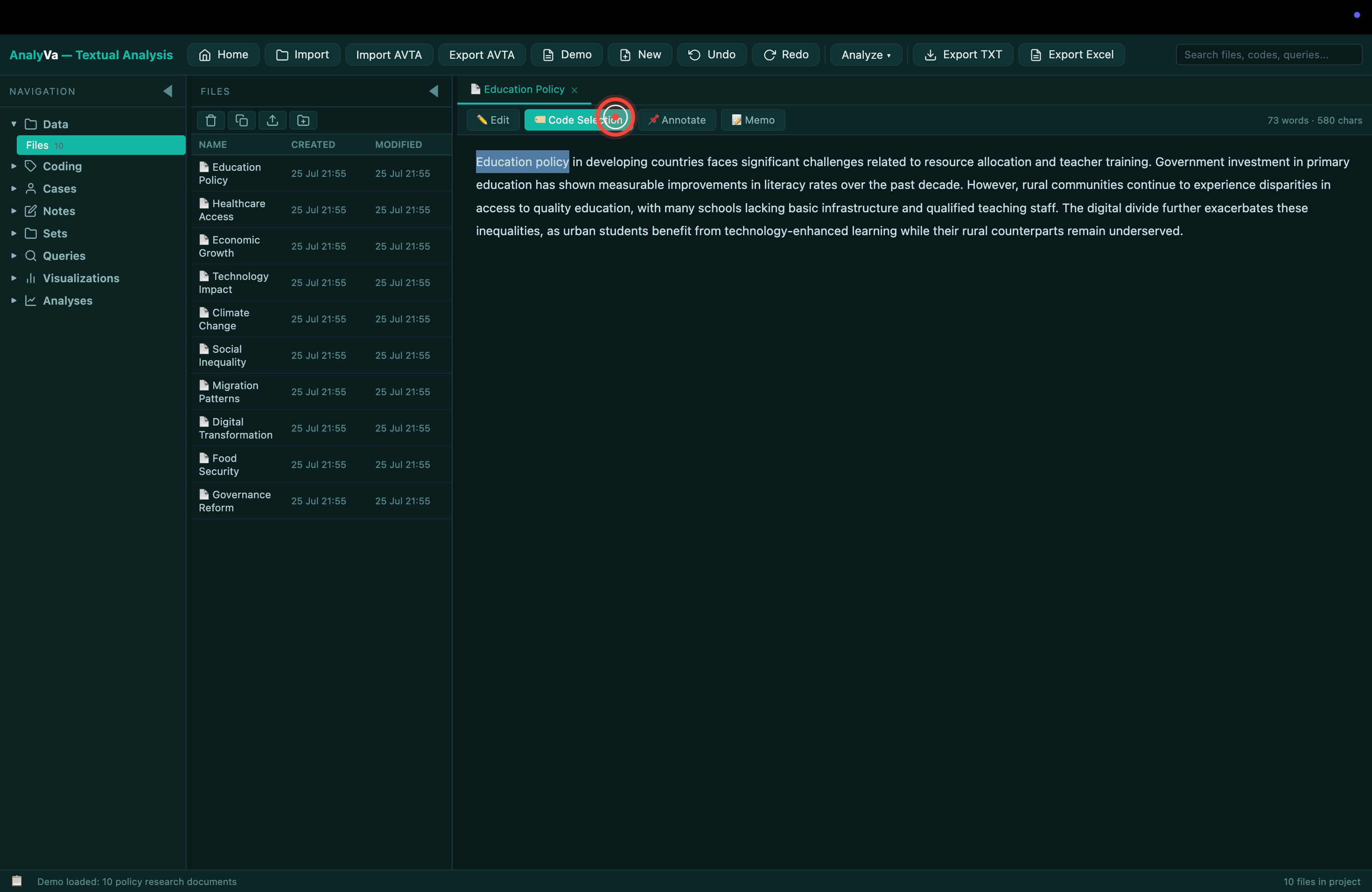 The demo corpus loaded, 10 documents listed