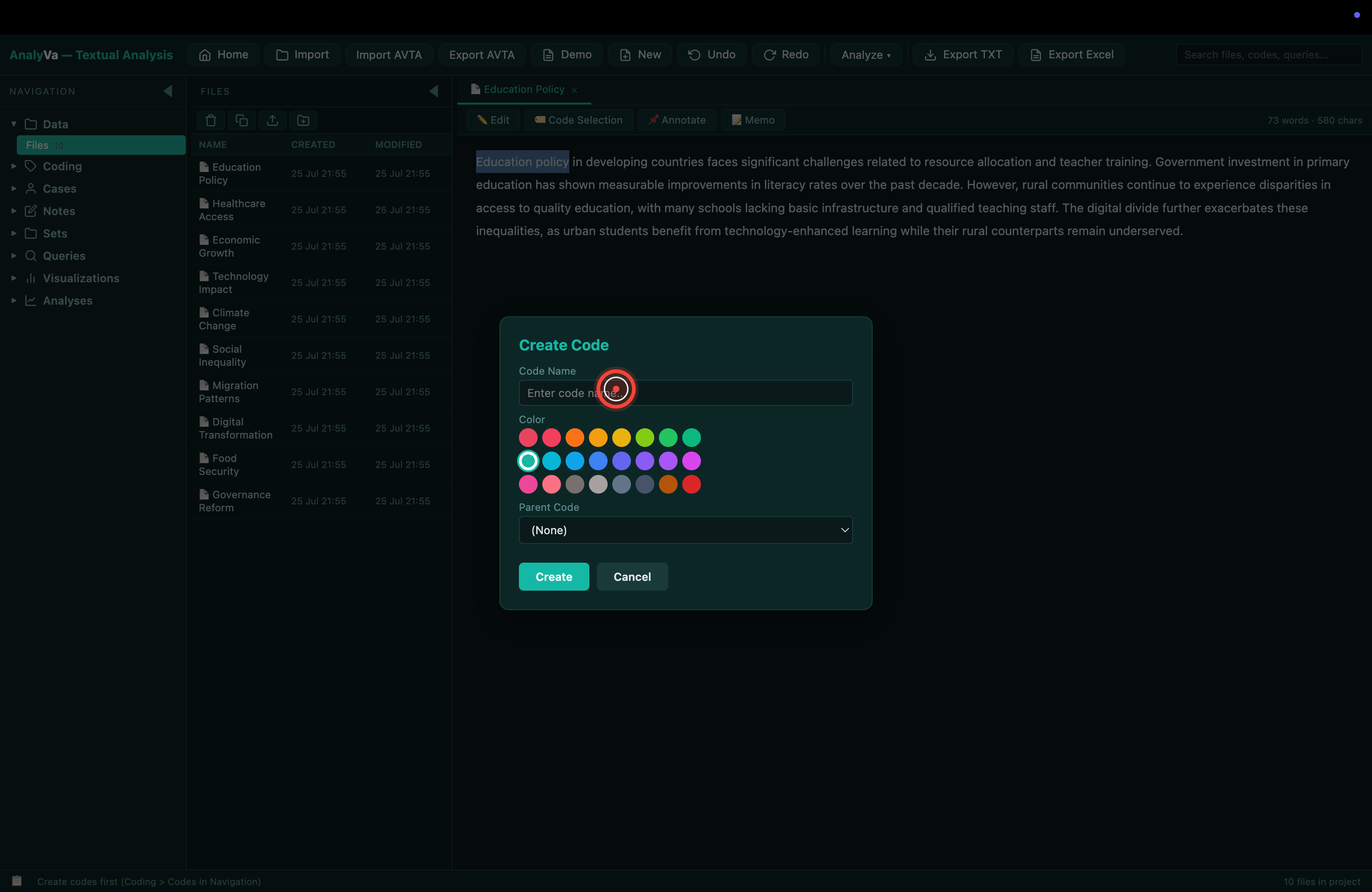 A document open on the right, ready to be coded