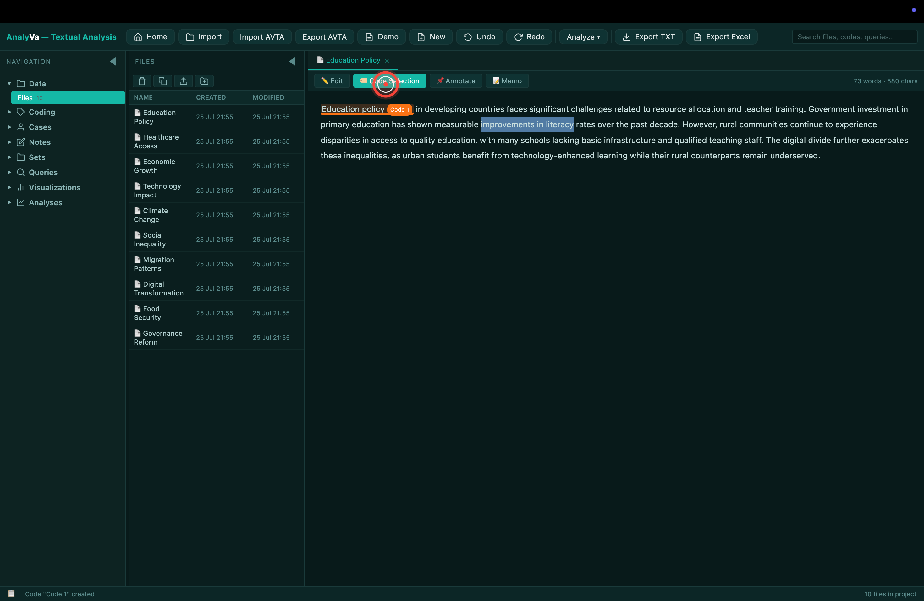 Code Selection dialog with the selected text and code list