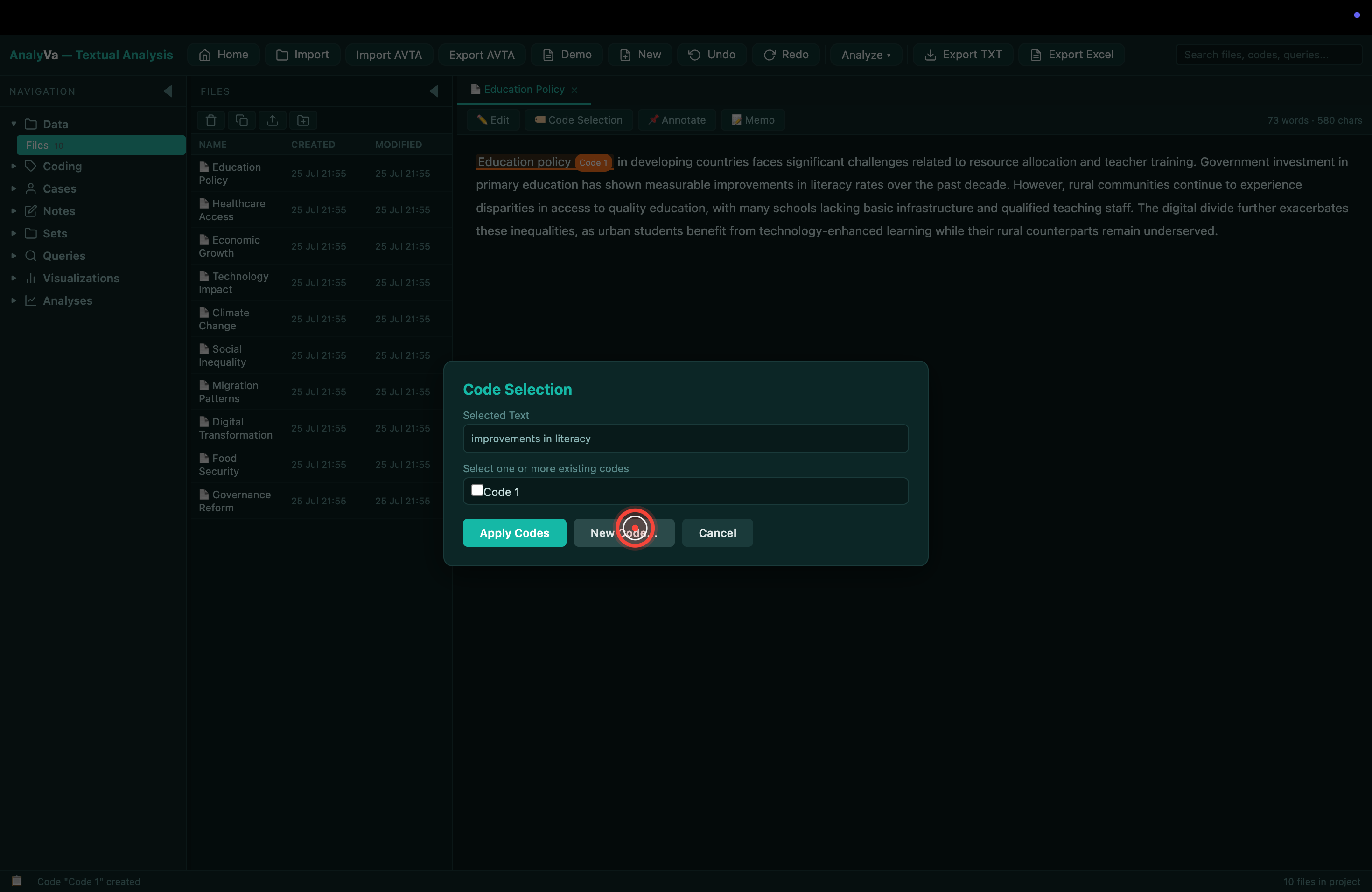 New Code button ready to create the first code