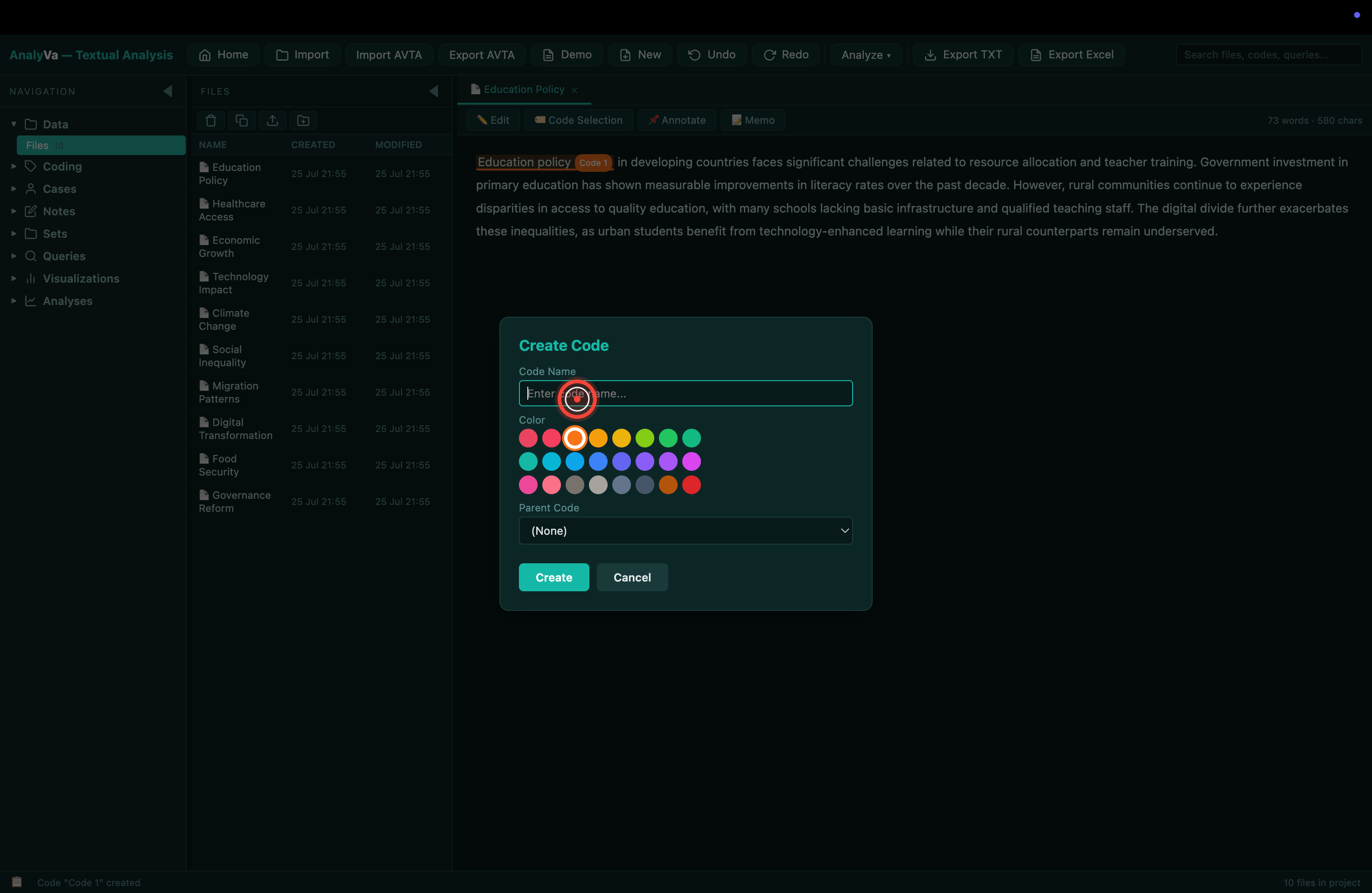 First code applied — highlighted passage with code chip