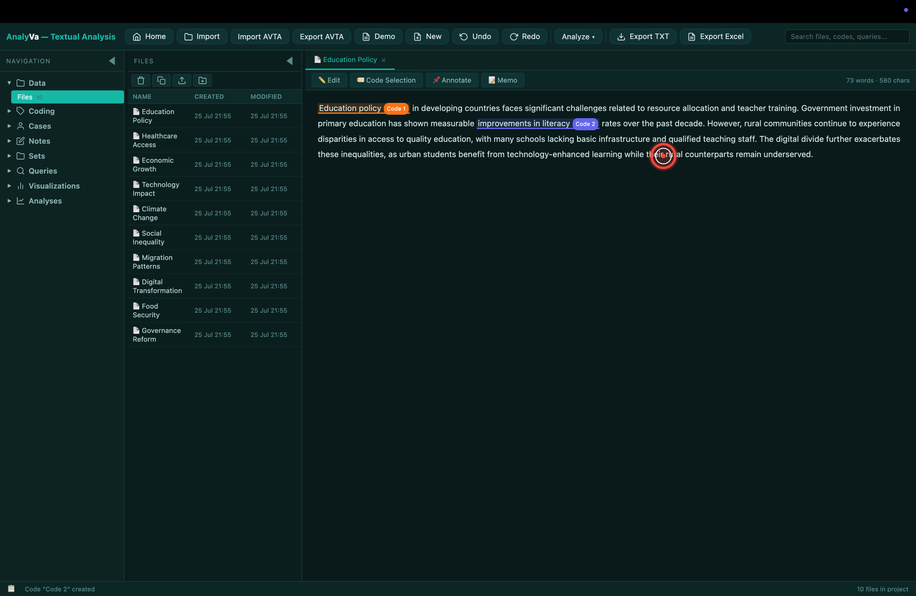 Coding continues on a second document, reusing existing codes