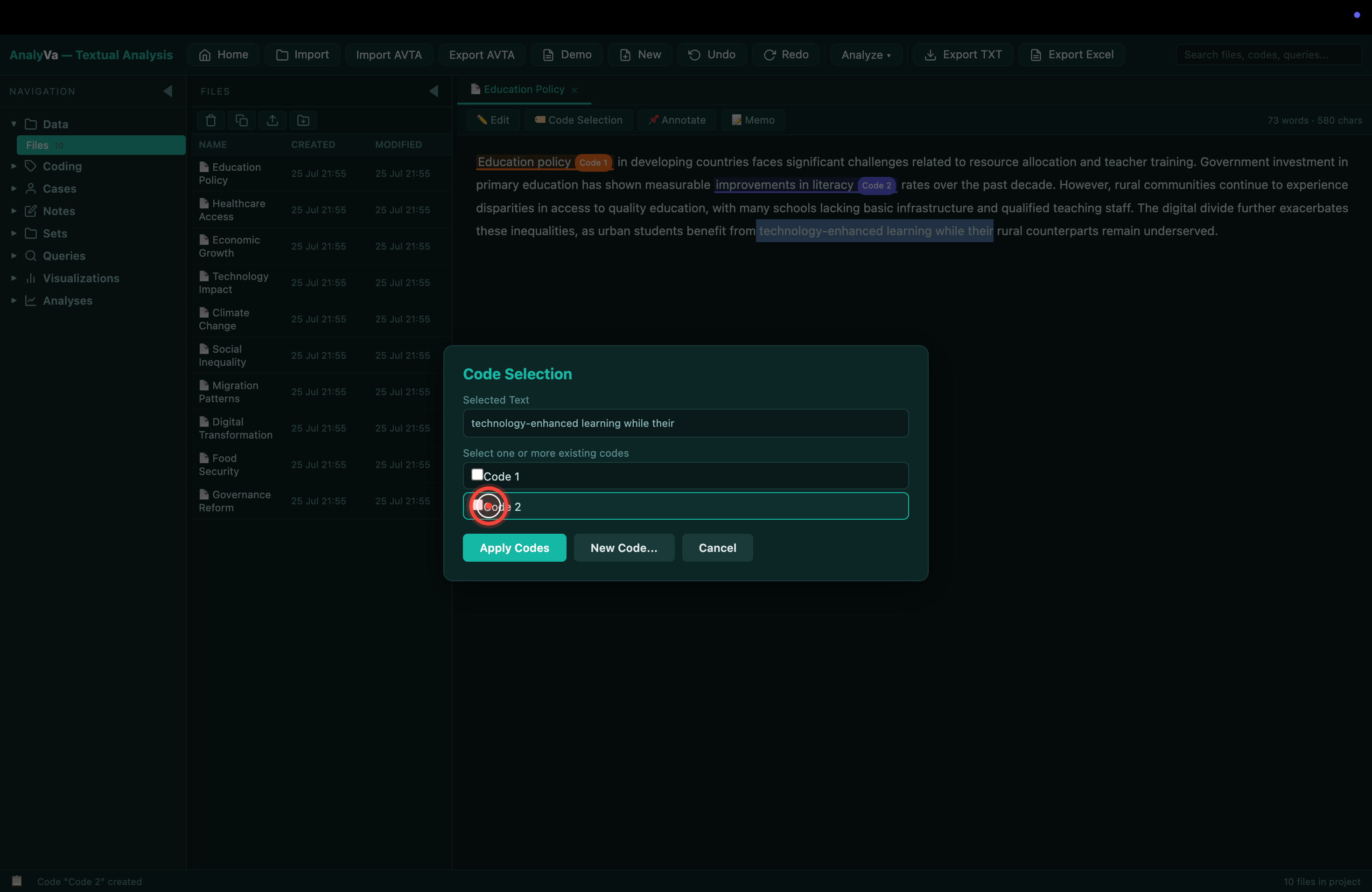 Coding view in the sidebar with the code list