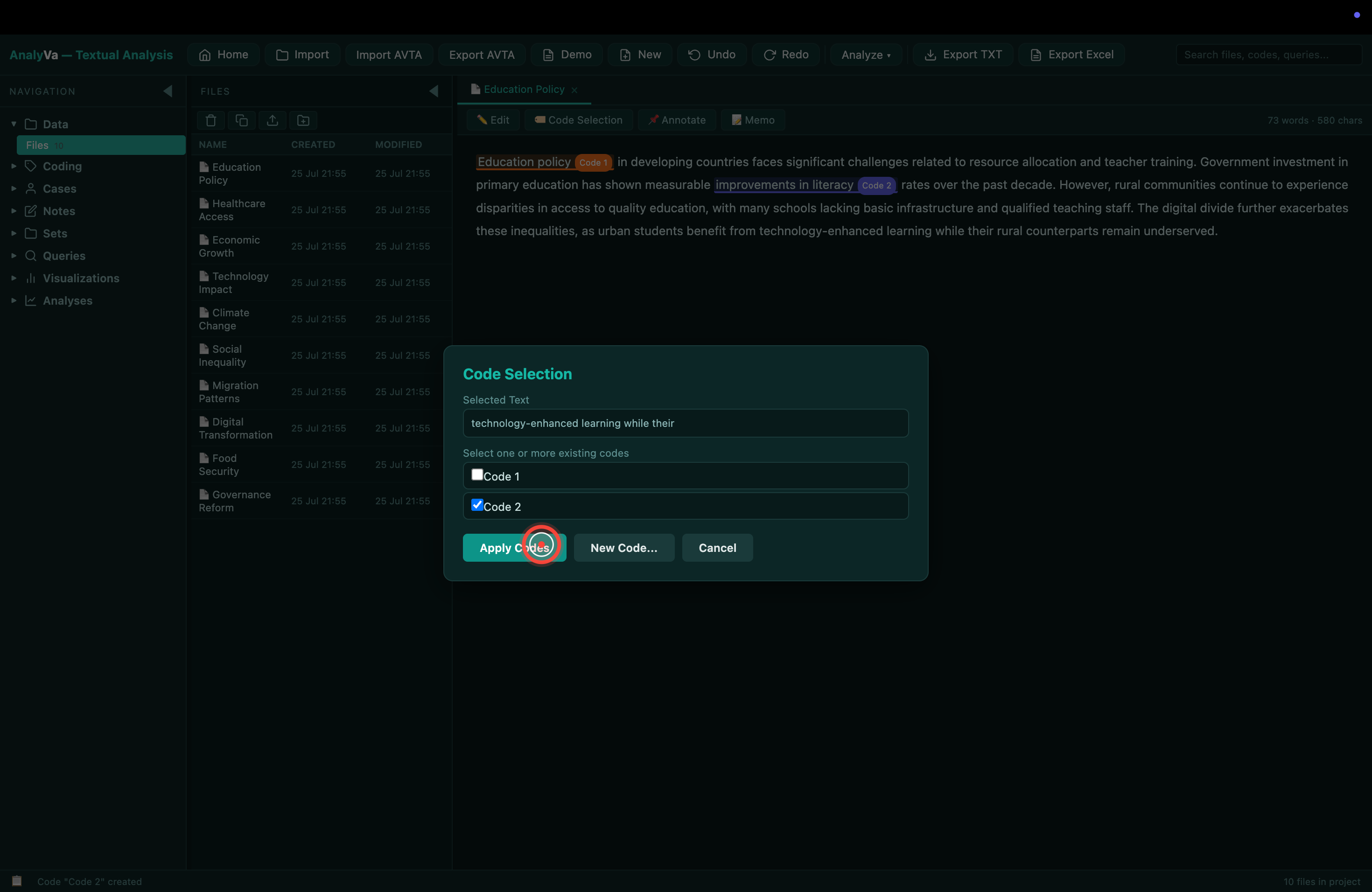 Coded Segments view for a single code