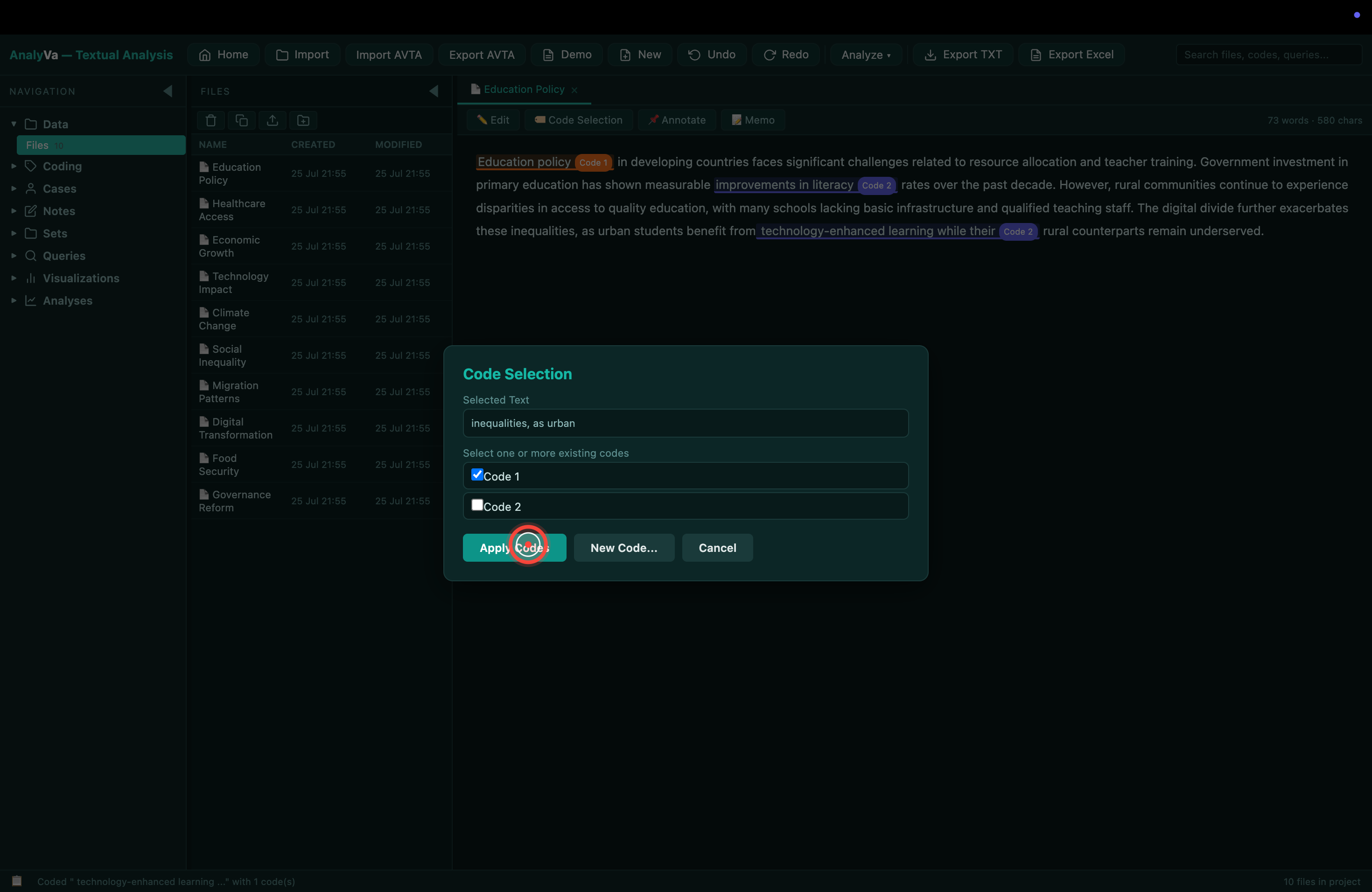 Analyses menu options for the coded corpus
