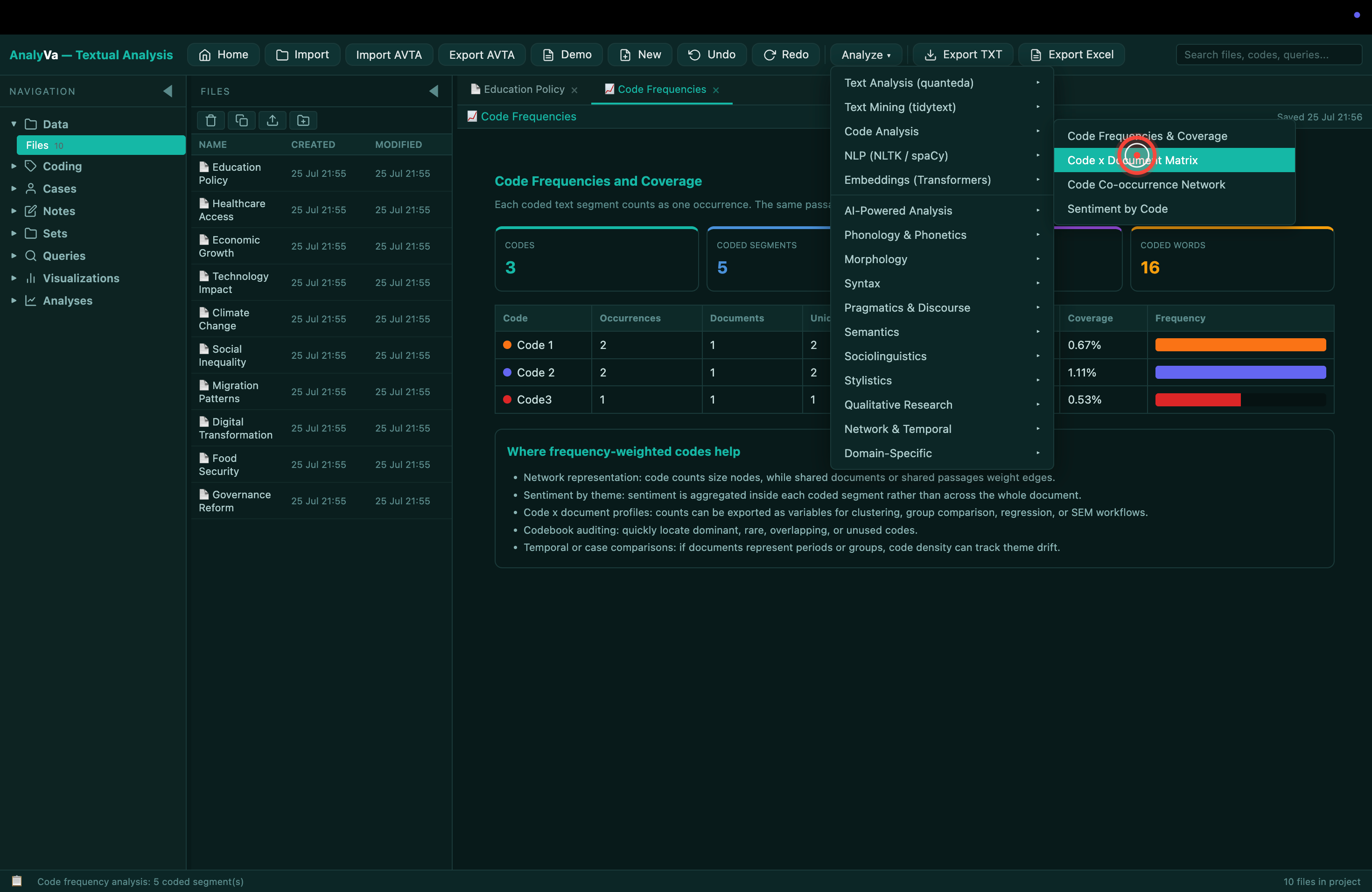 Code co-occurrence table