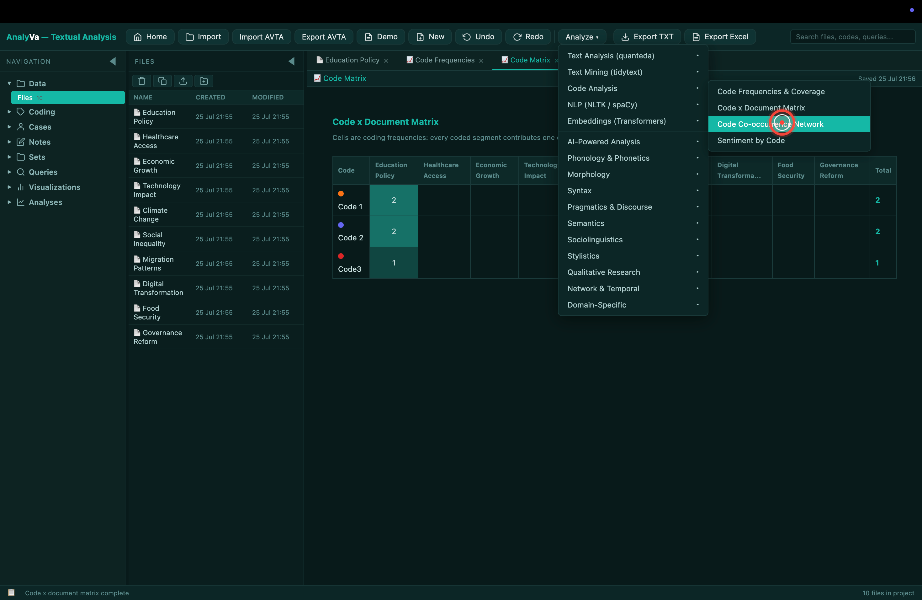 Visualizations menu for the coded corpus
