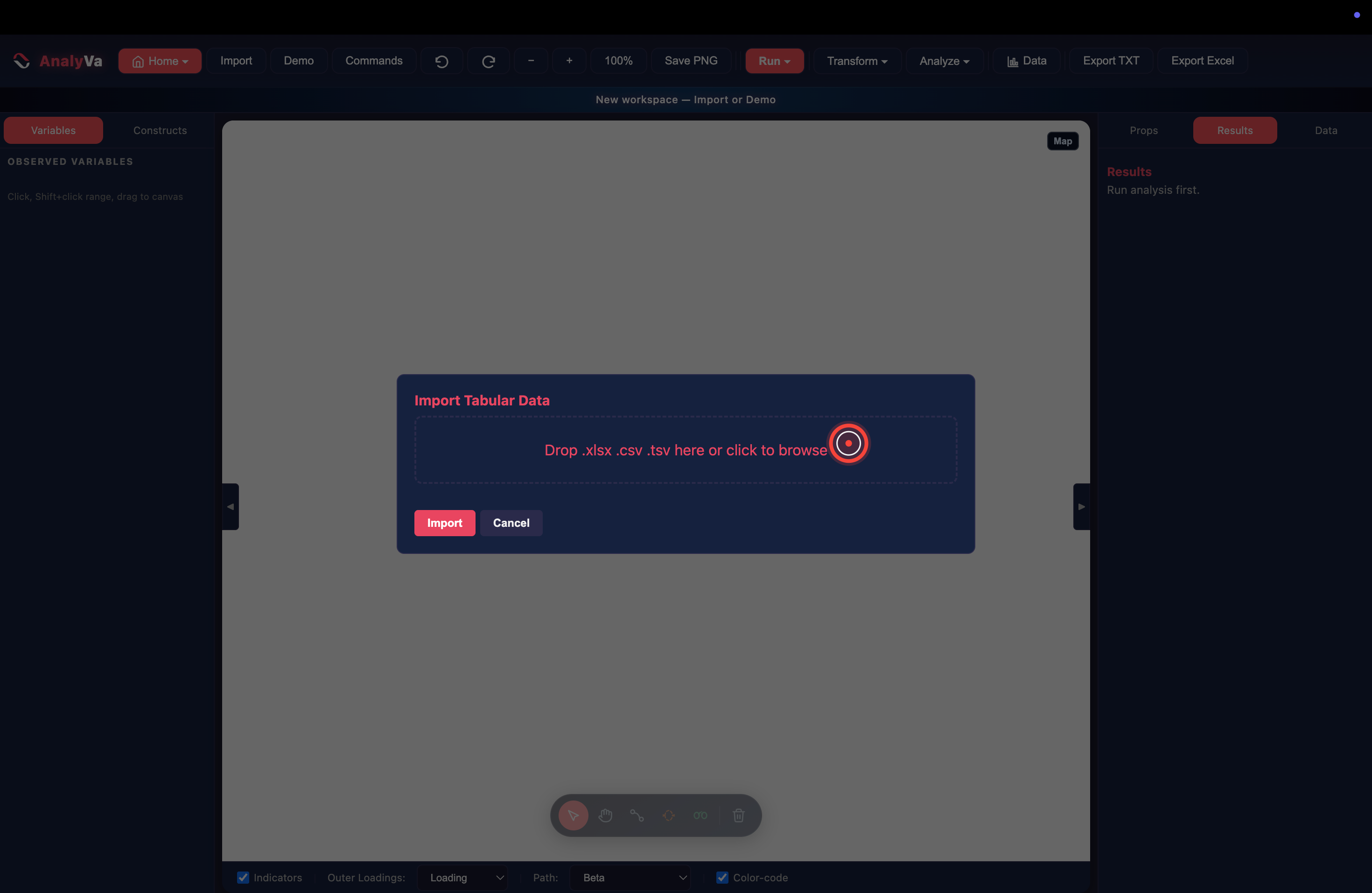The Import Tabular Data dialog waiting for a file