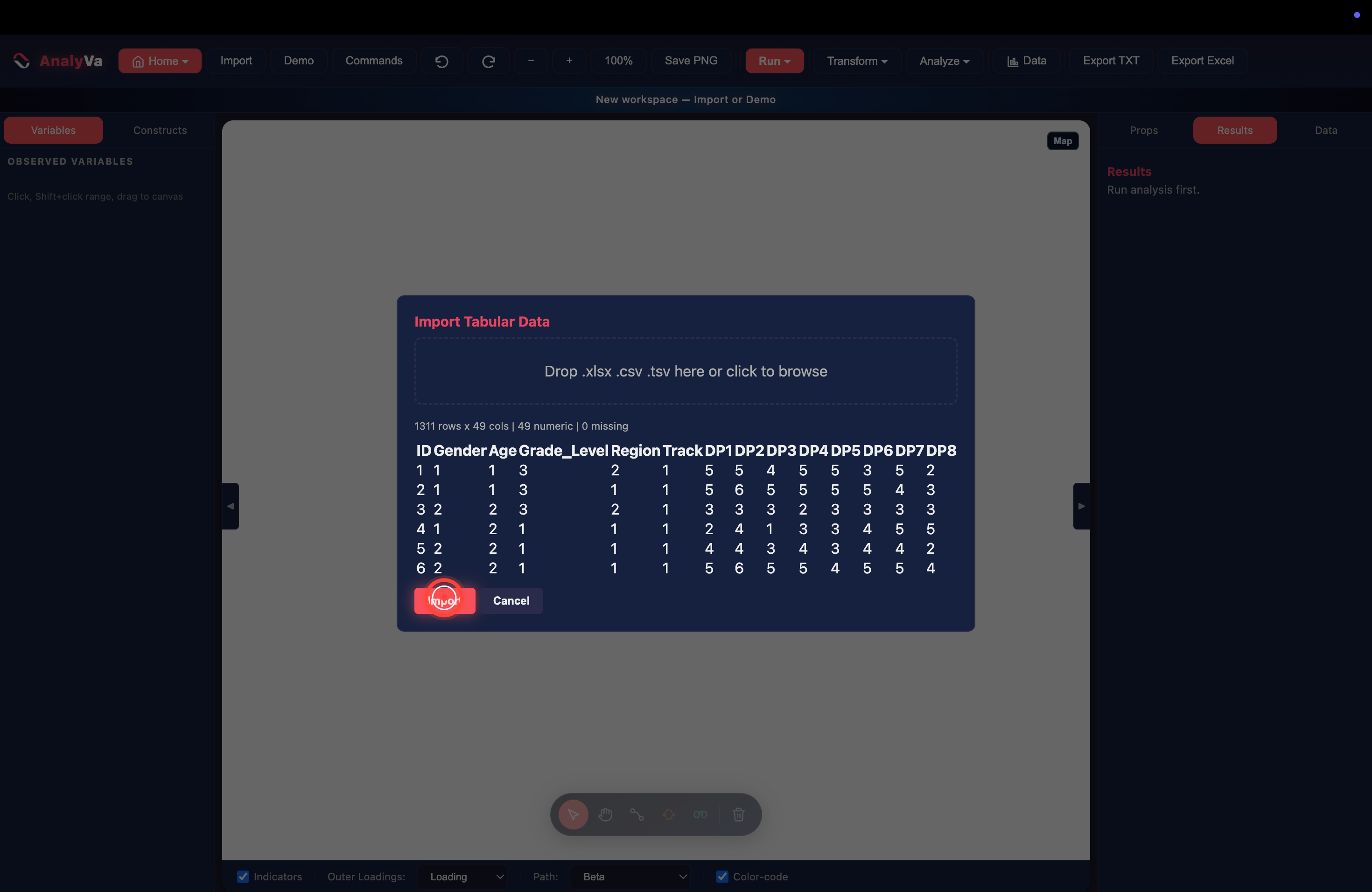 The Import dialog showing the file preview and the Import button