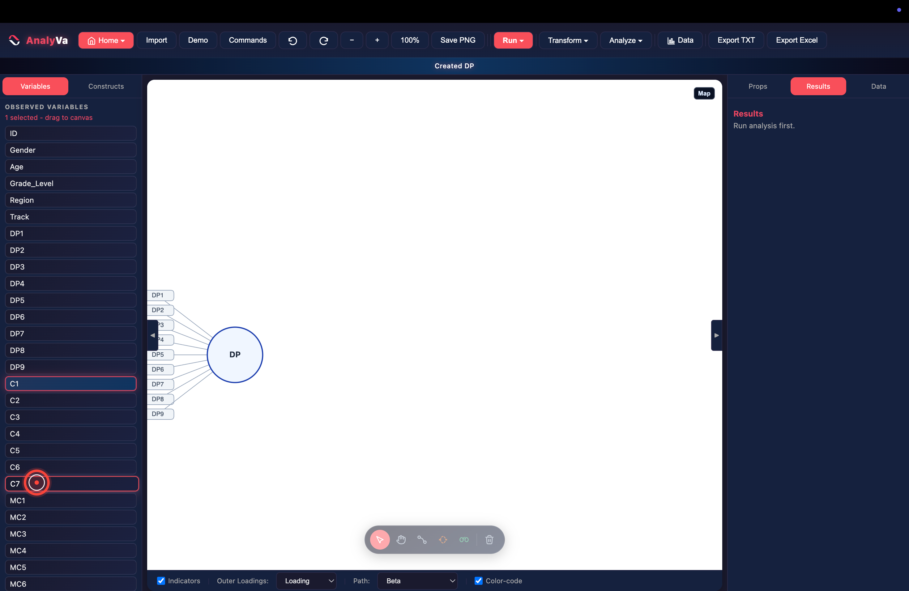 The sidebar with C1 selected