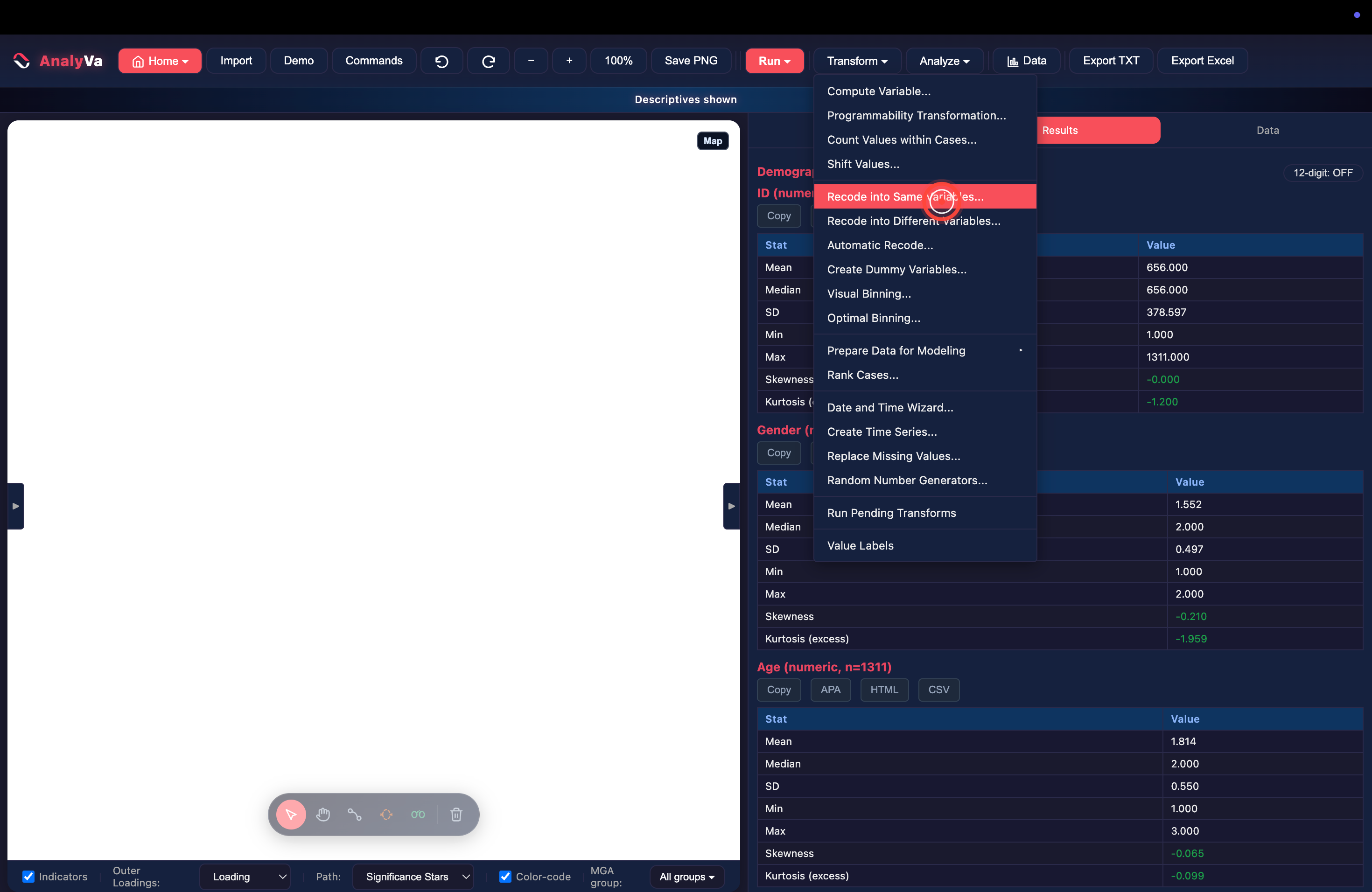 Transform menu open with Recode into Same Variables highlighted