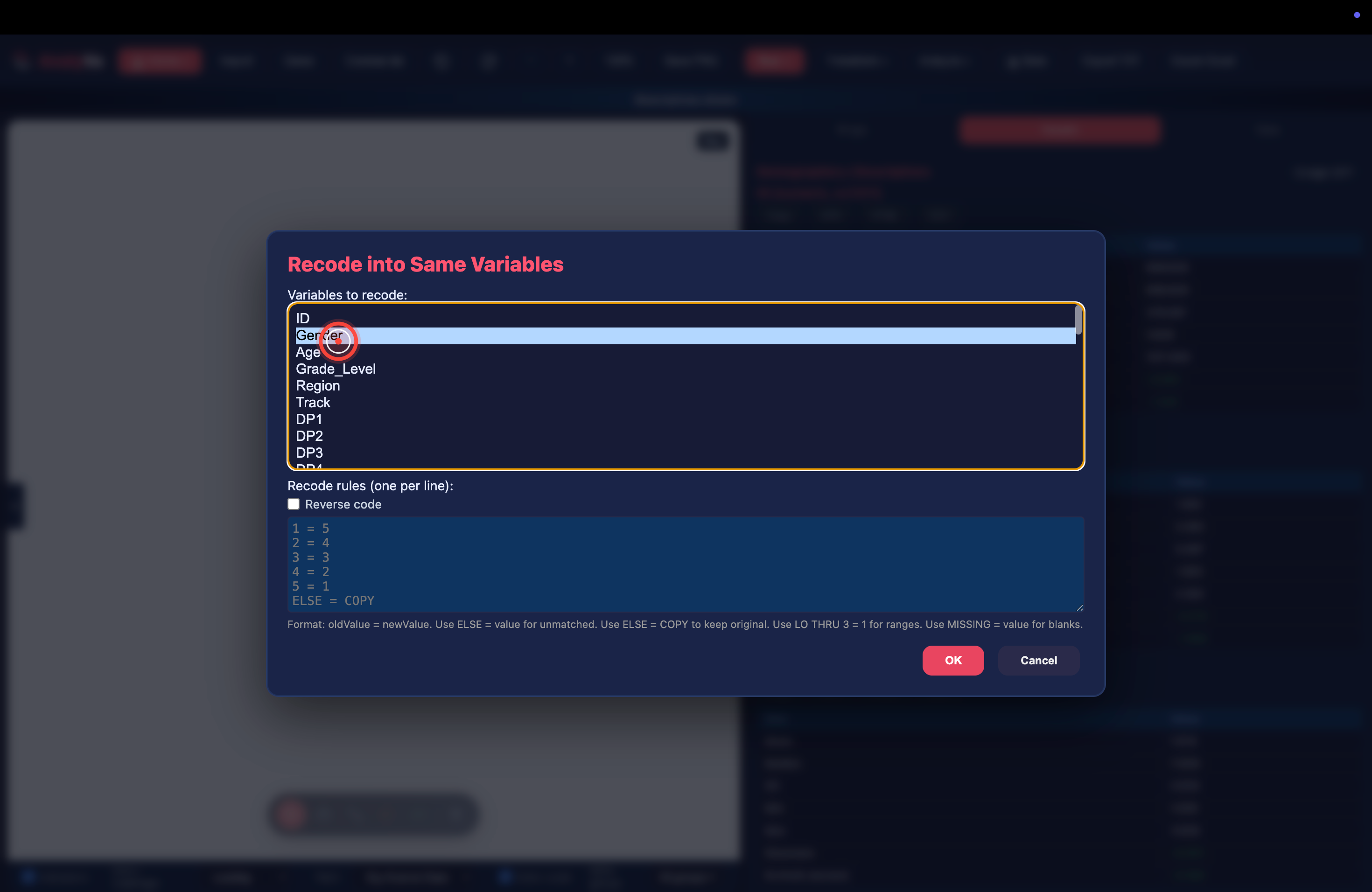 Gender selected in the Recode into Same Variables dialog