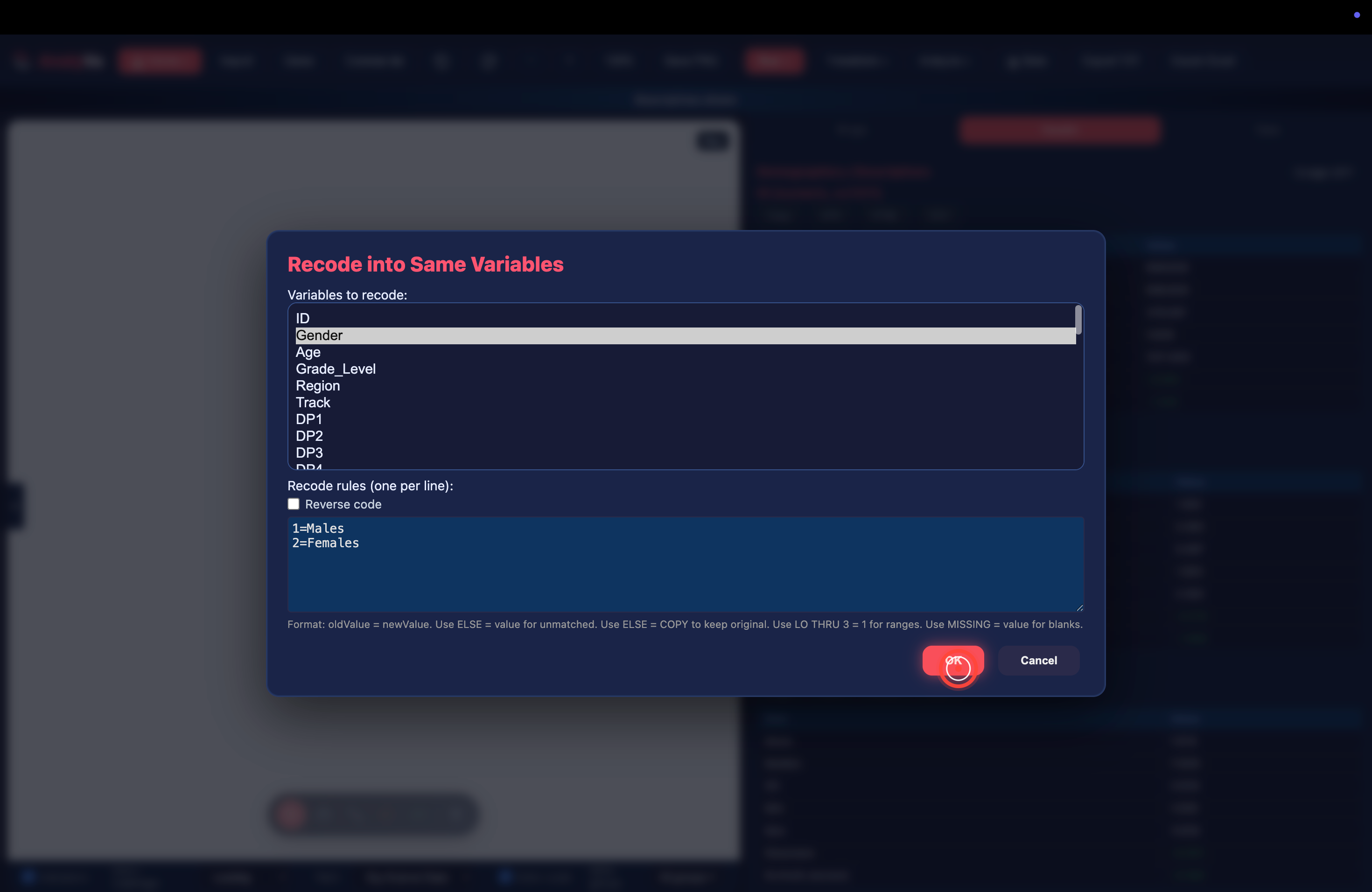 The completed recode dialog with Males/Females rules and OK highlighted
