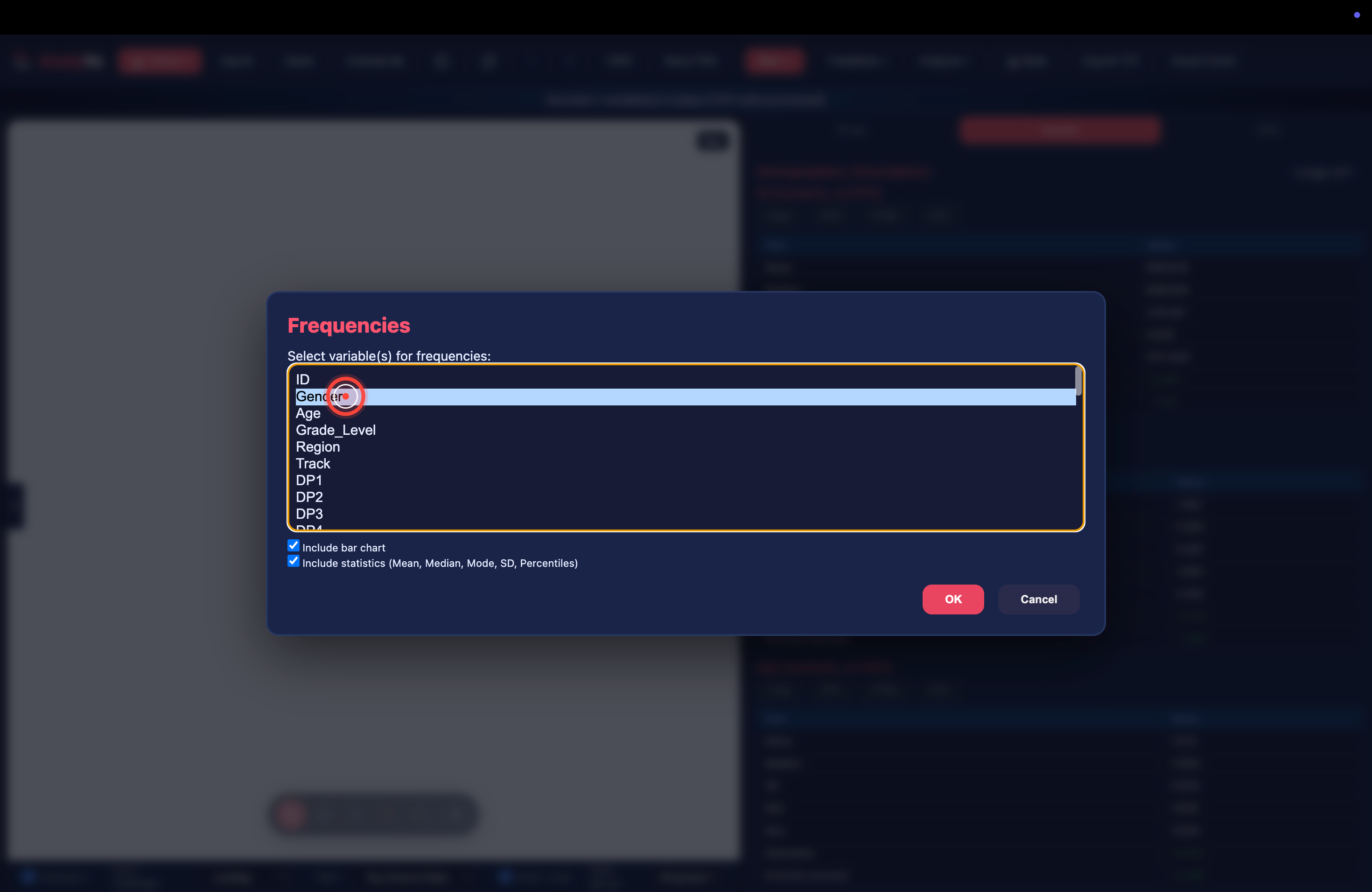 The Frequencies dialog with Gender selected and bar chart option checked