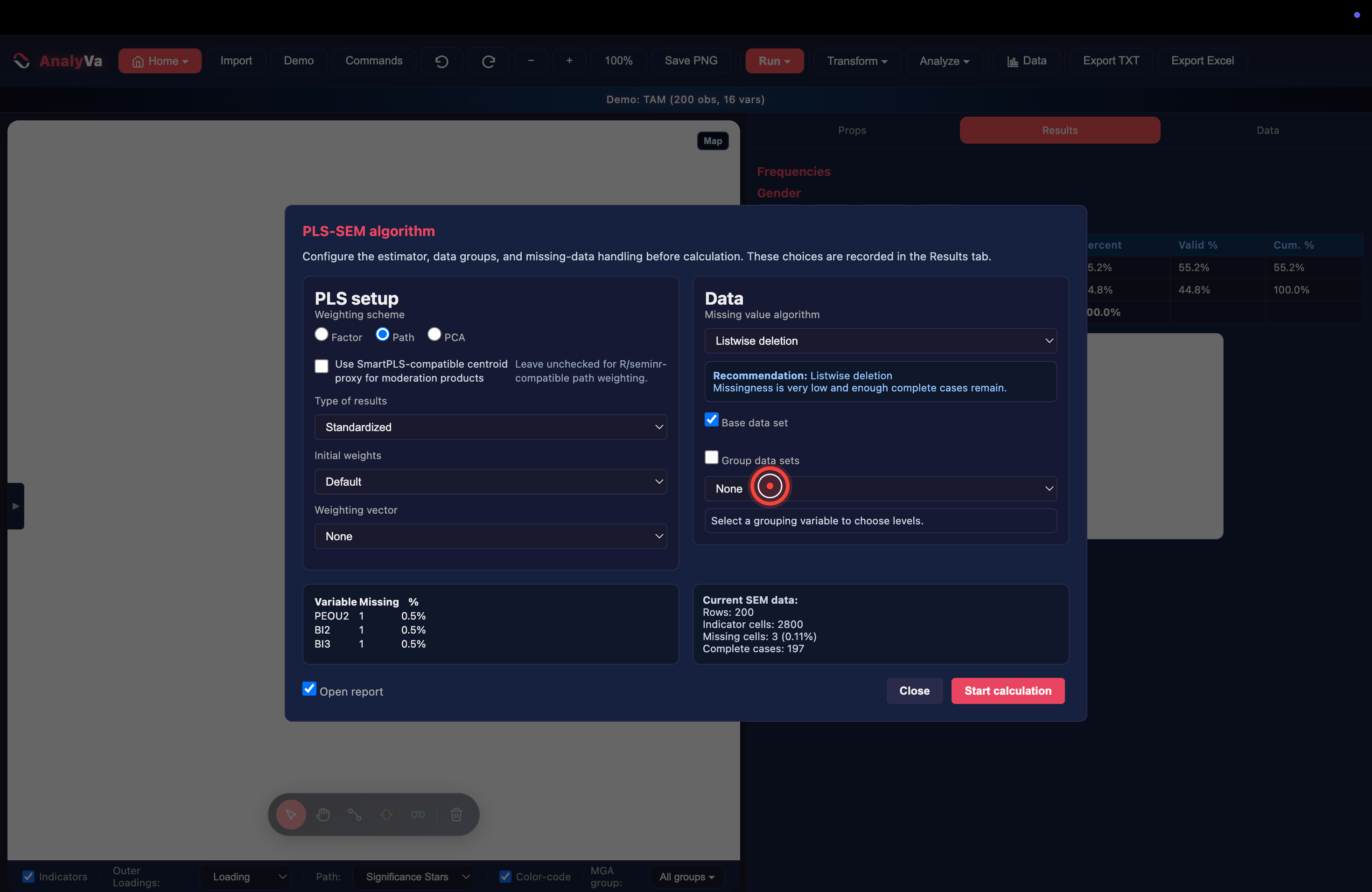 The PLS-SEM algorithm dialog with Group data sets unchecked
