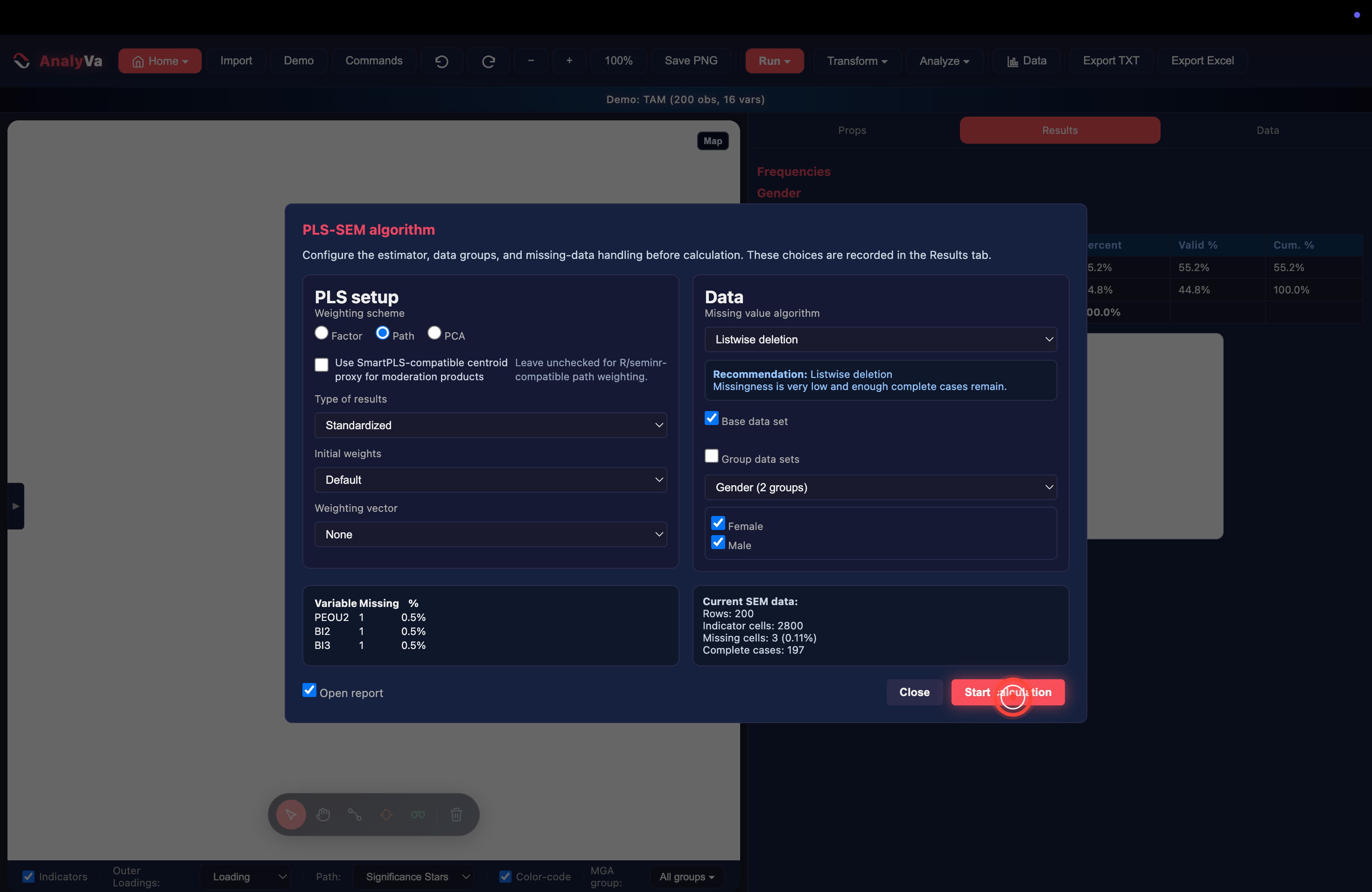 Female and Male checkboxes both ticked, Start calculation highlighted