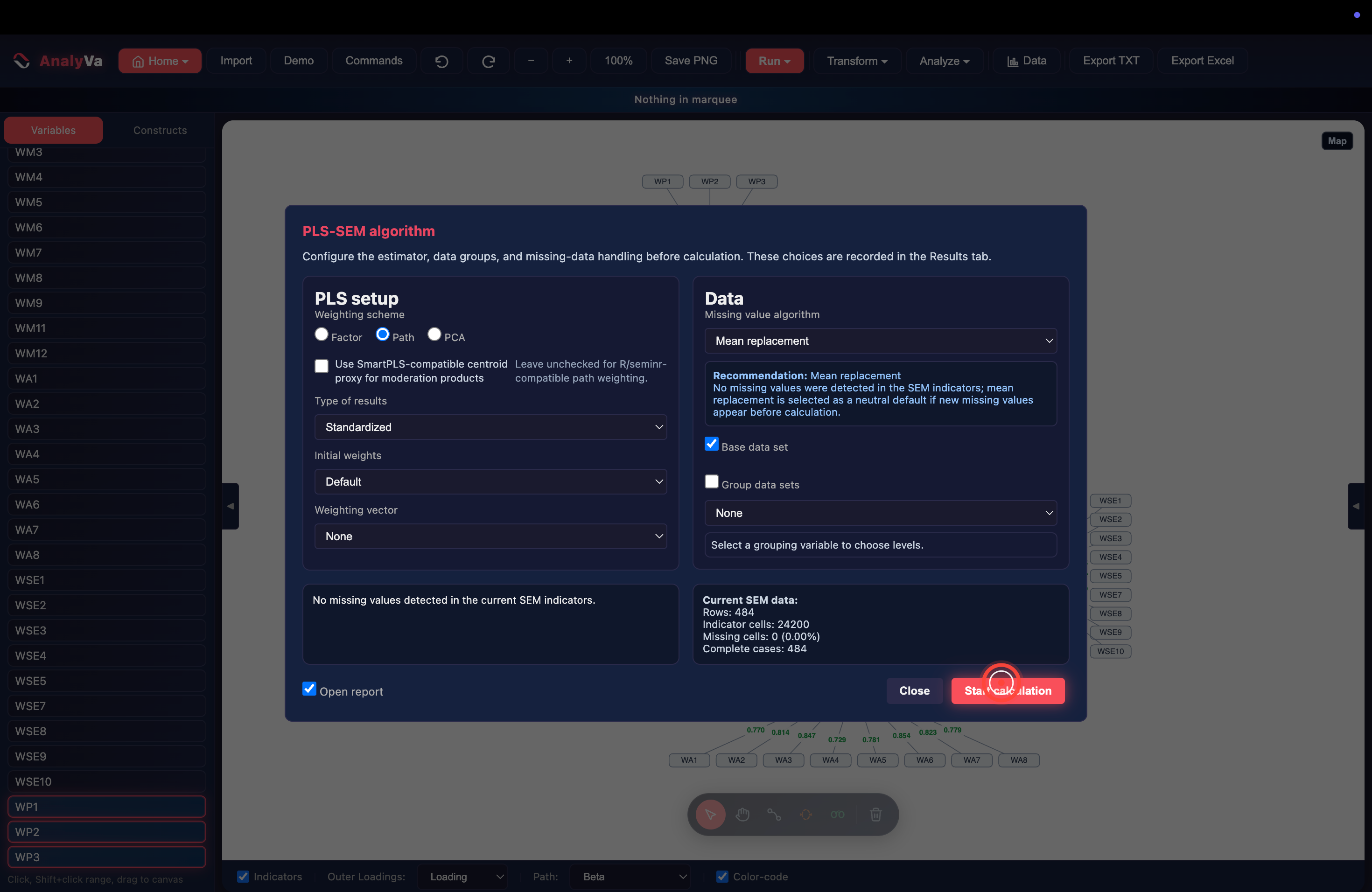 The PLS-SEM algorithm dialog with the SmartPLS-compatible centroid checkbox for moderation products