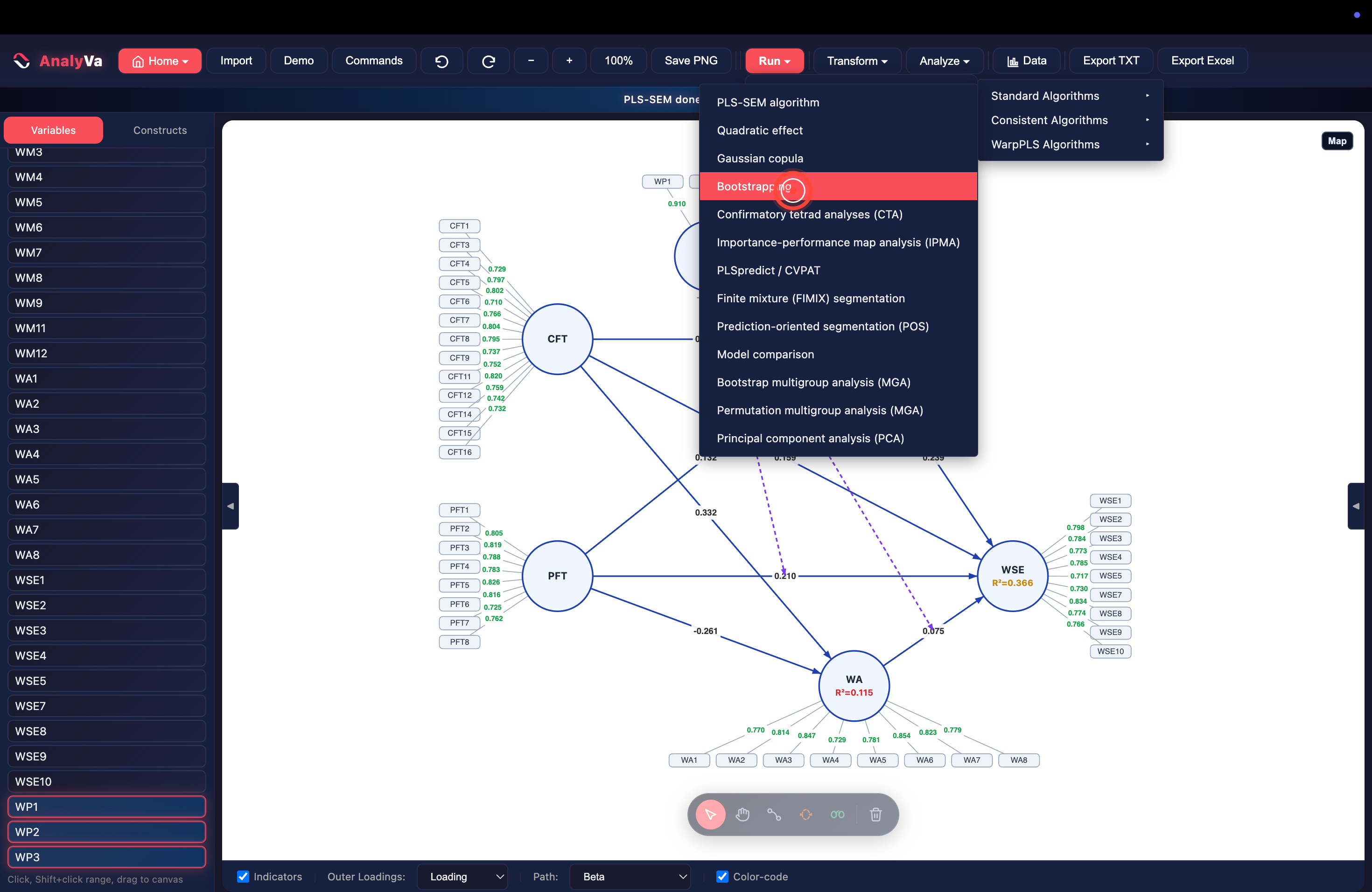 Run menu open with Bootstrapping highlighted, moderated model already estimated