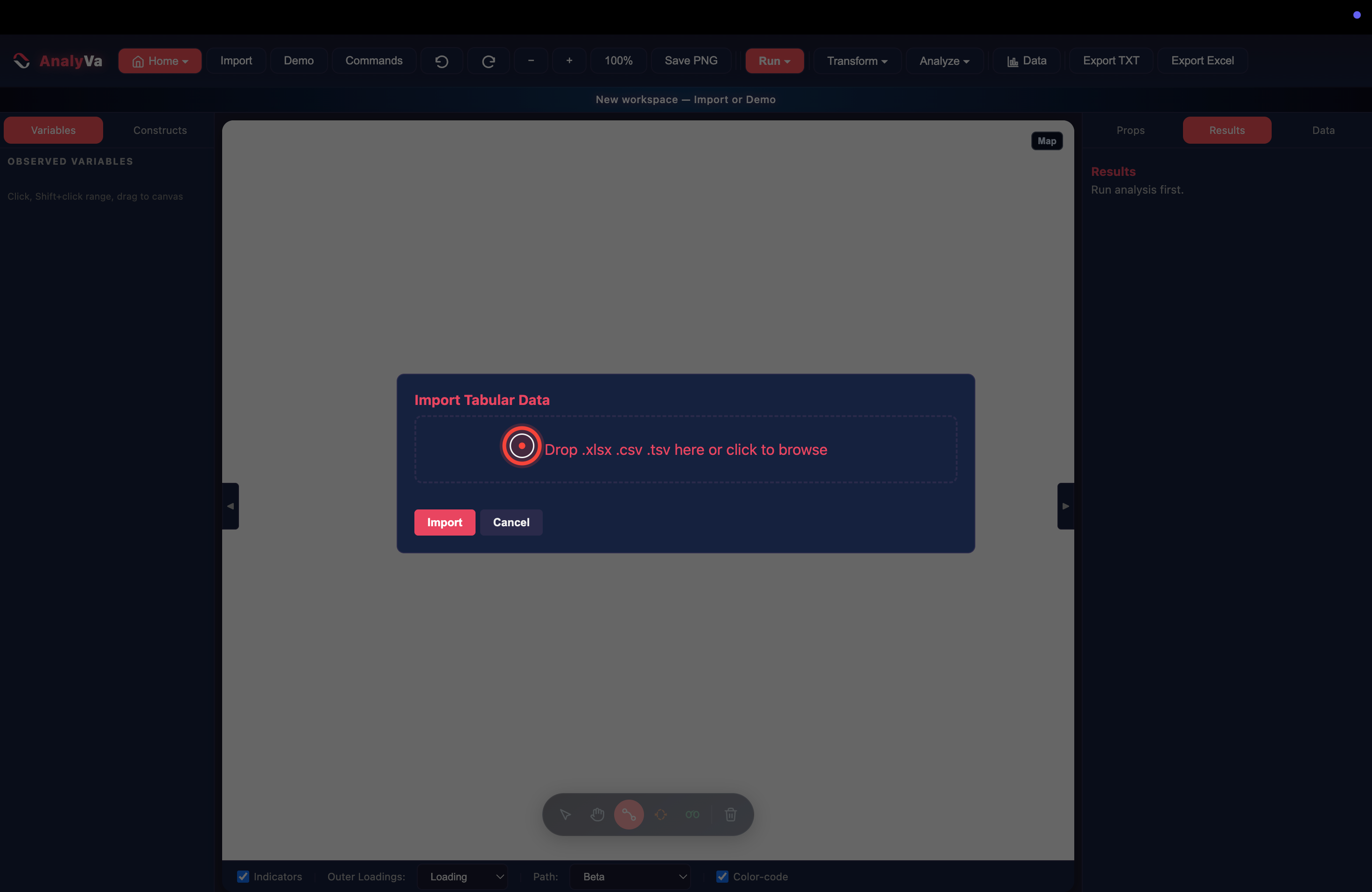 The Import Tabular Data dialog waiting for a file
