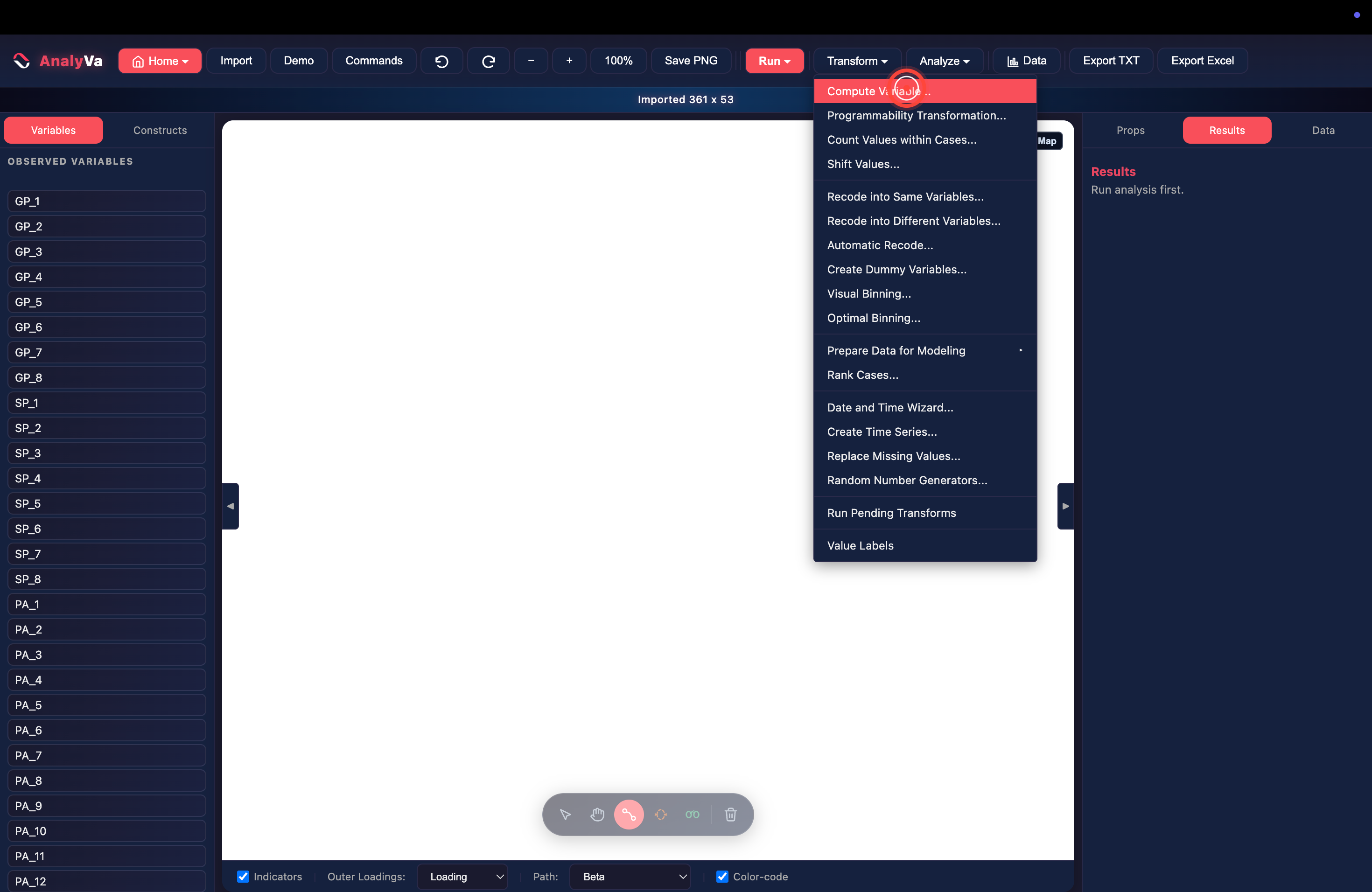 The Transform menu with Compute Variable highlighted