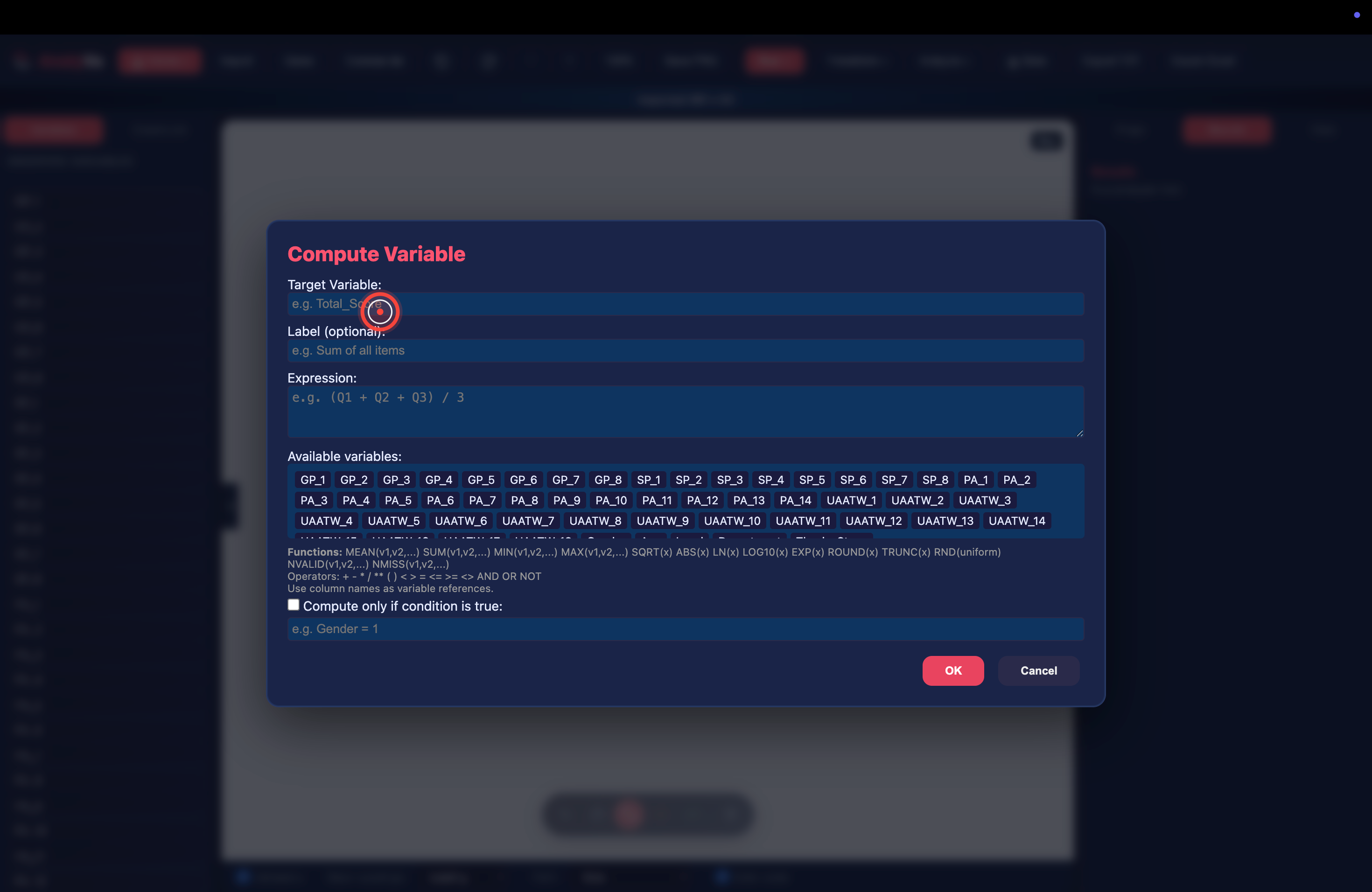 Compute Variable dialog with cursor on the Target Variable field