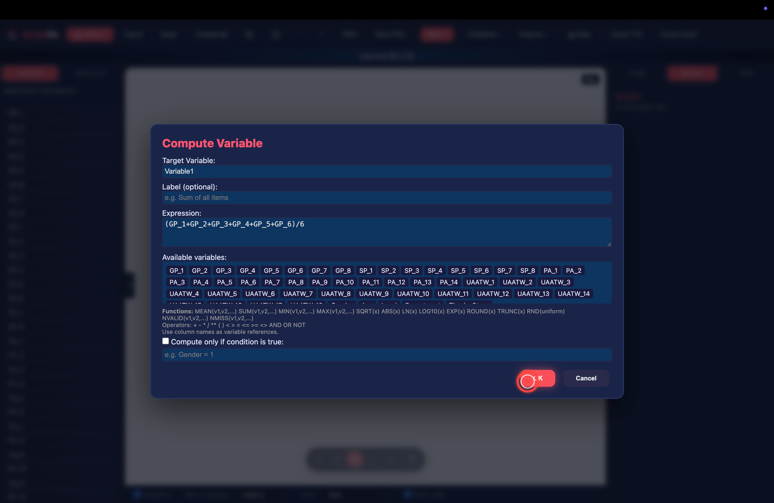 Compute Variable dialog with the mean formula filled in
