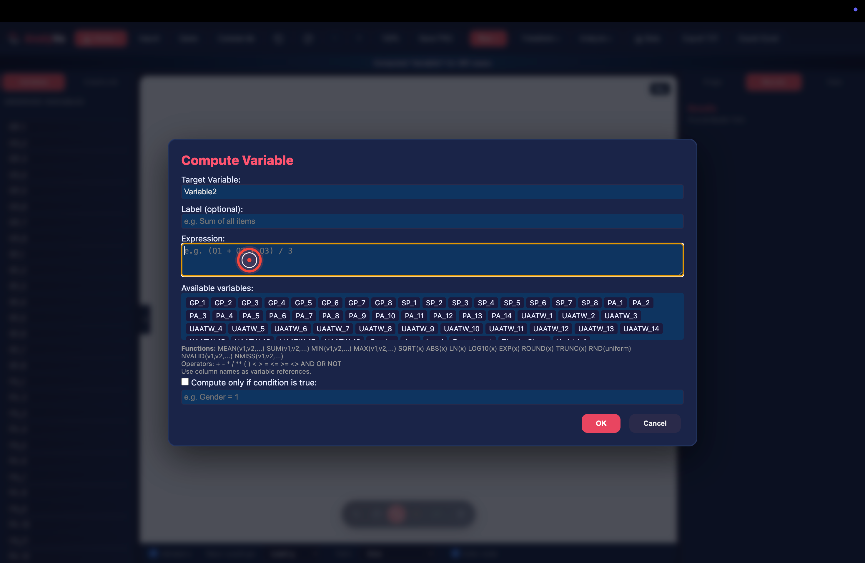 Compute Variable dialog for the second composite