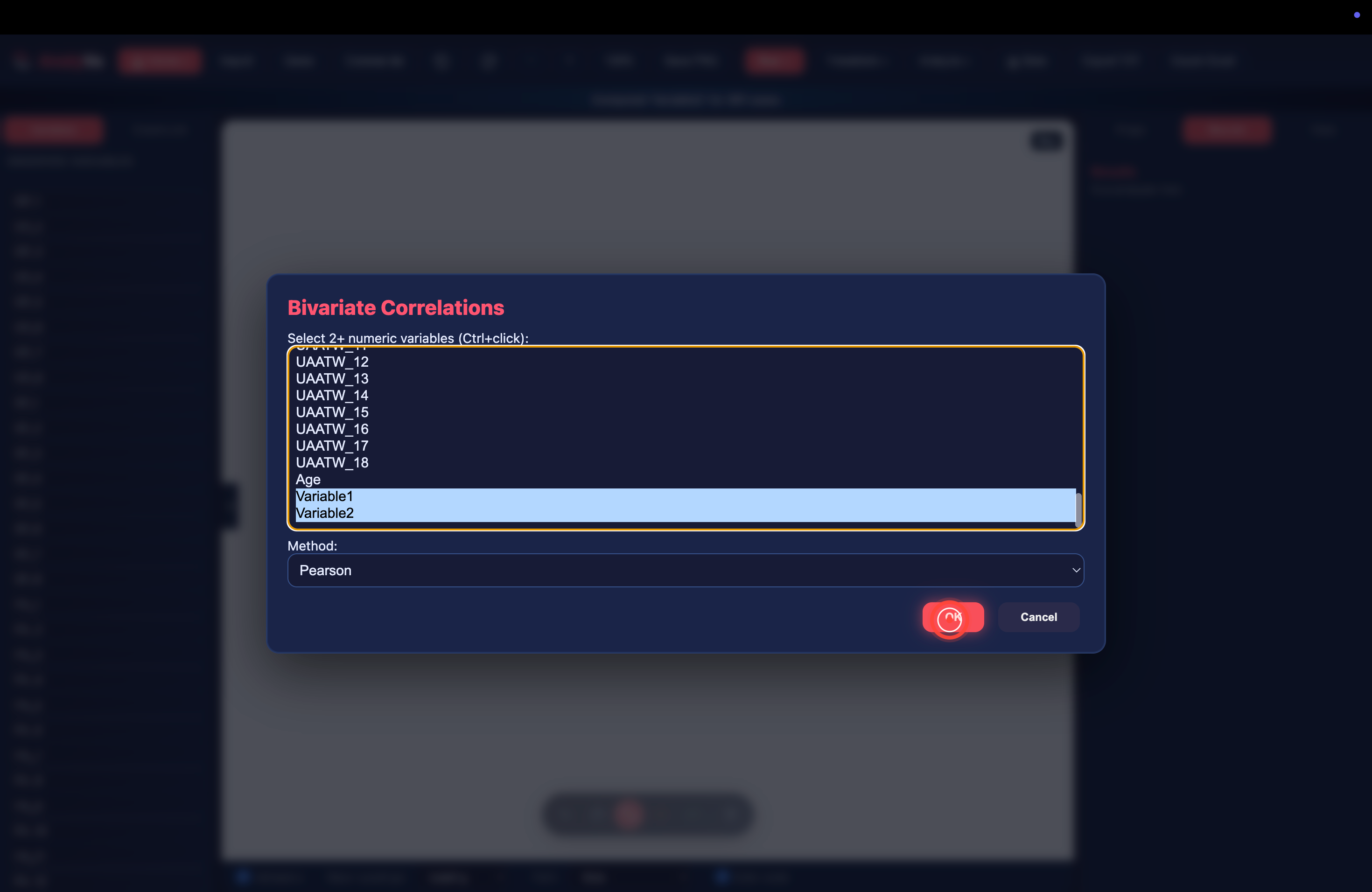 Bivariate Correlations dialog with Variable1 and Variable2 selected