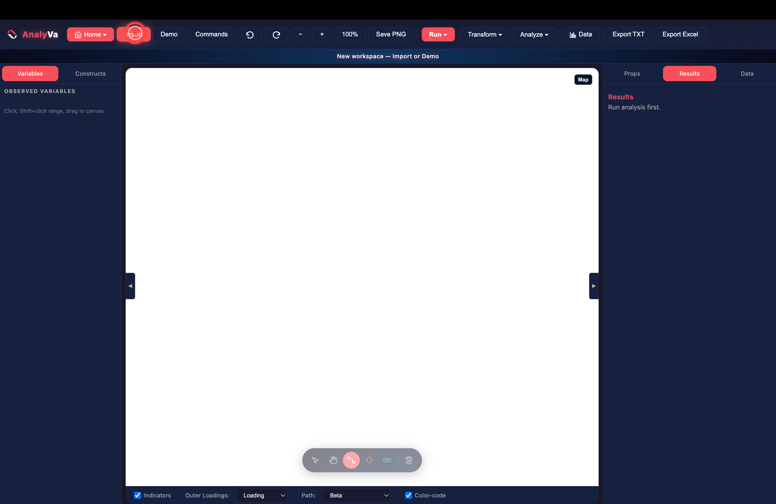 The Import button highlighted on an empty AnalyVa canvas