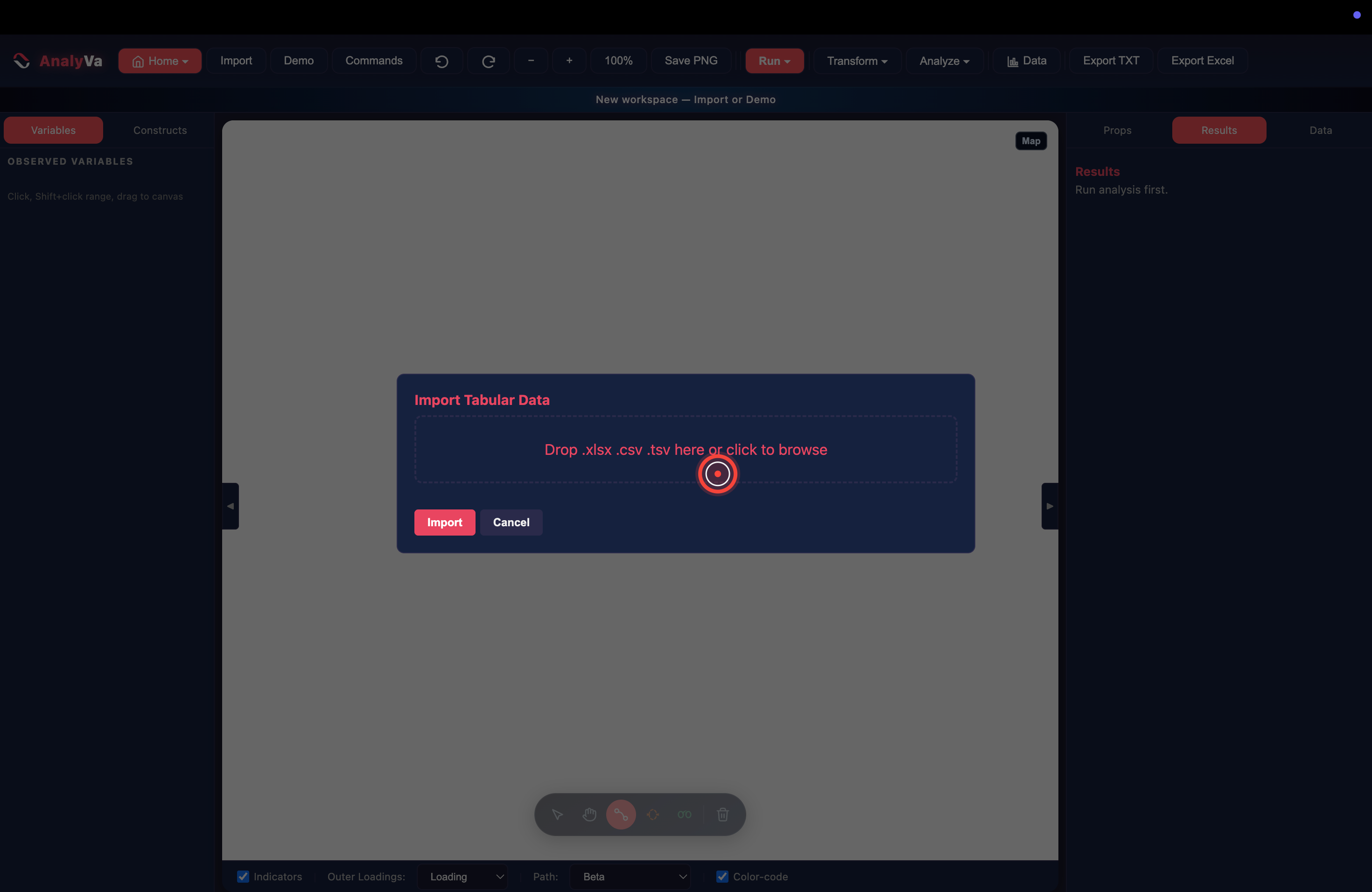 The Import Tabular Data dialog waiting for a file
