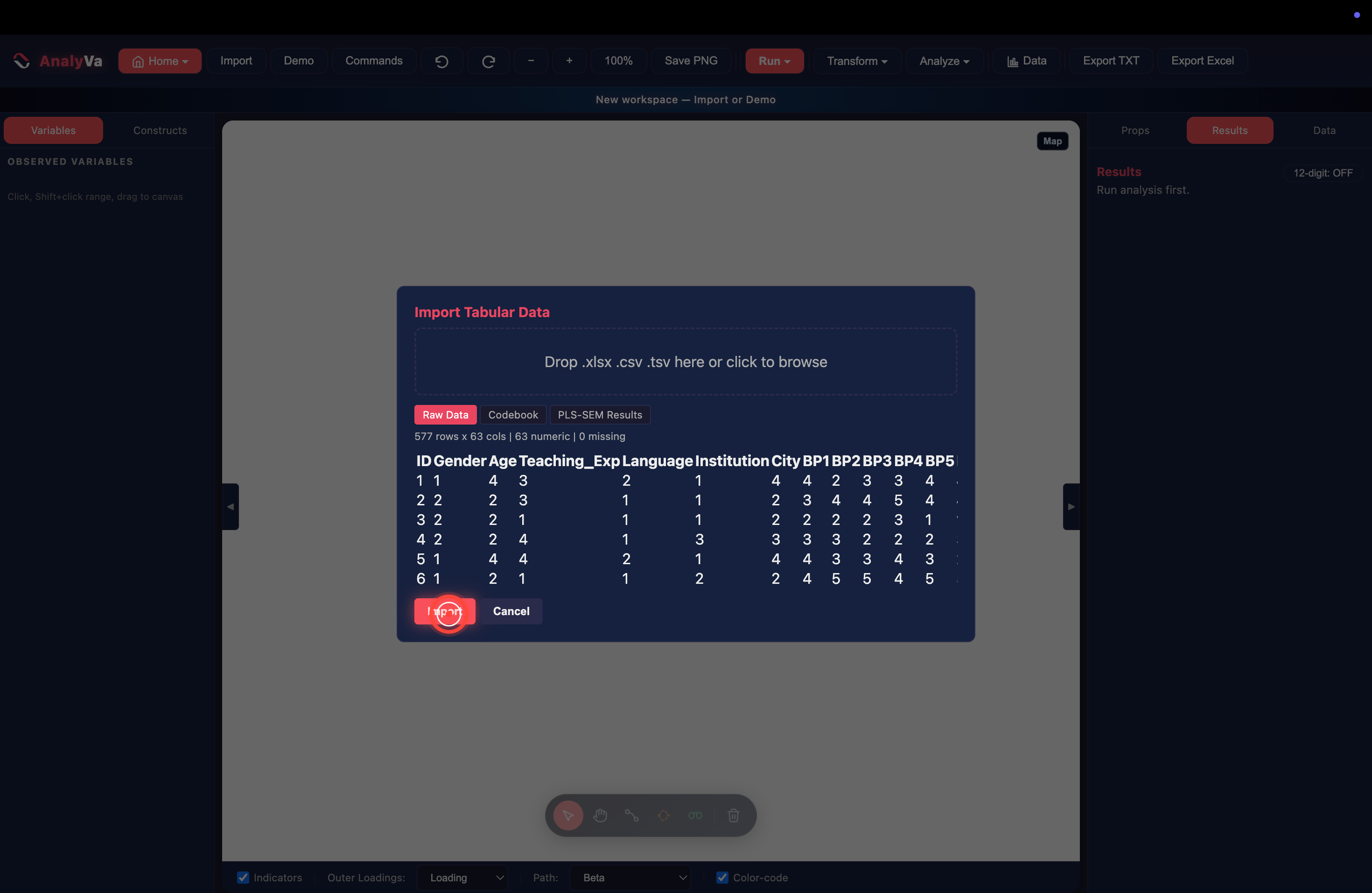 The Import dialog showing a preview of 577 rows × 63 columns