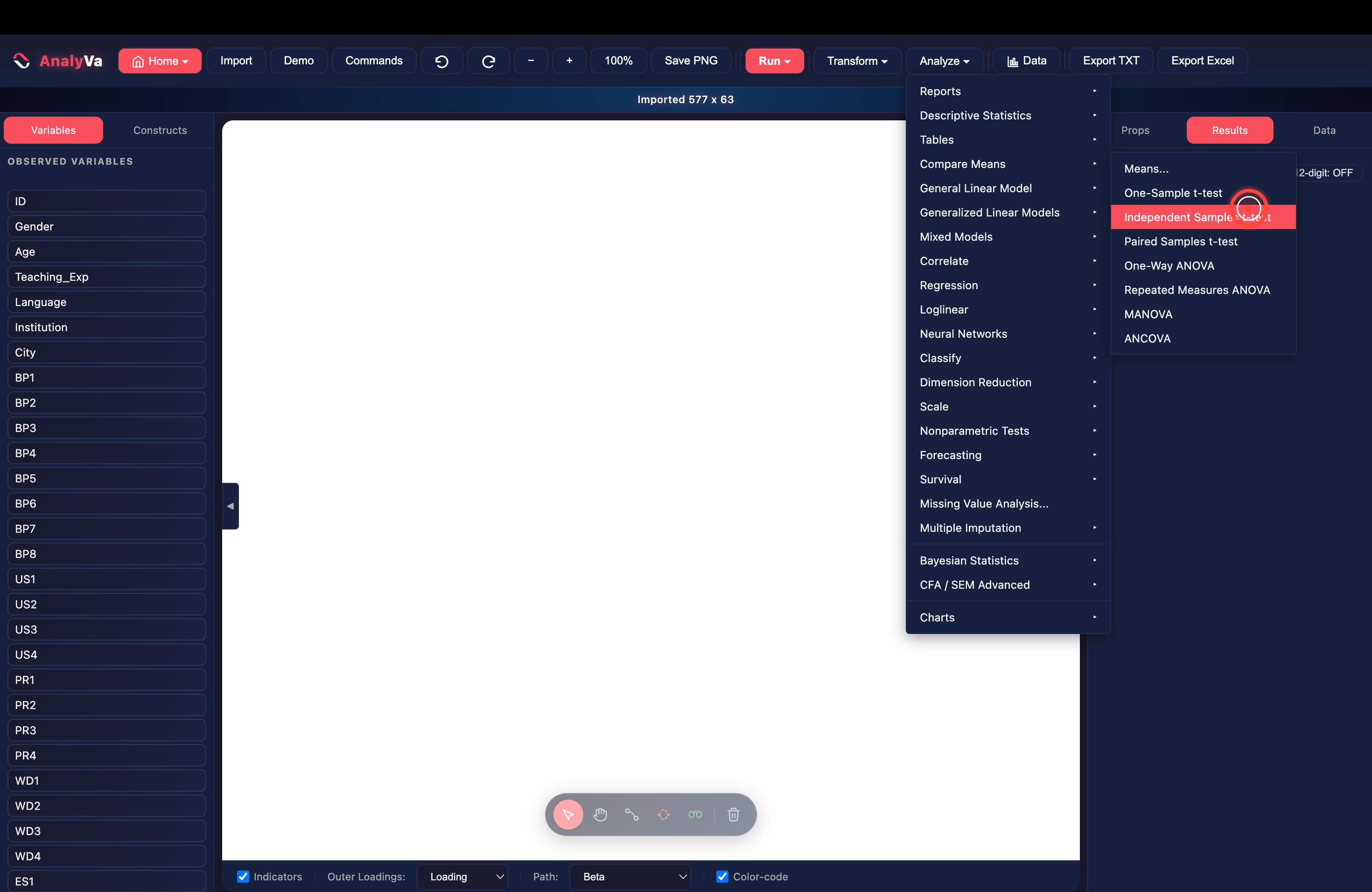 The Analyze menu with Compare Means → Independent Samples t-test highlighted