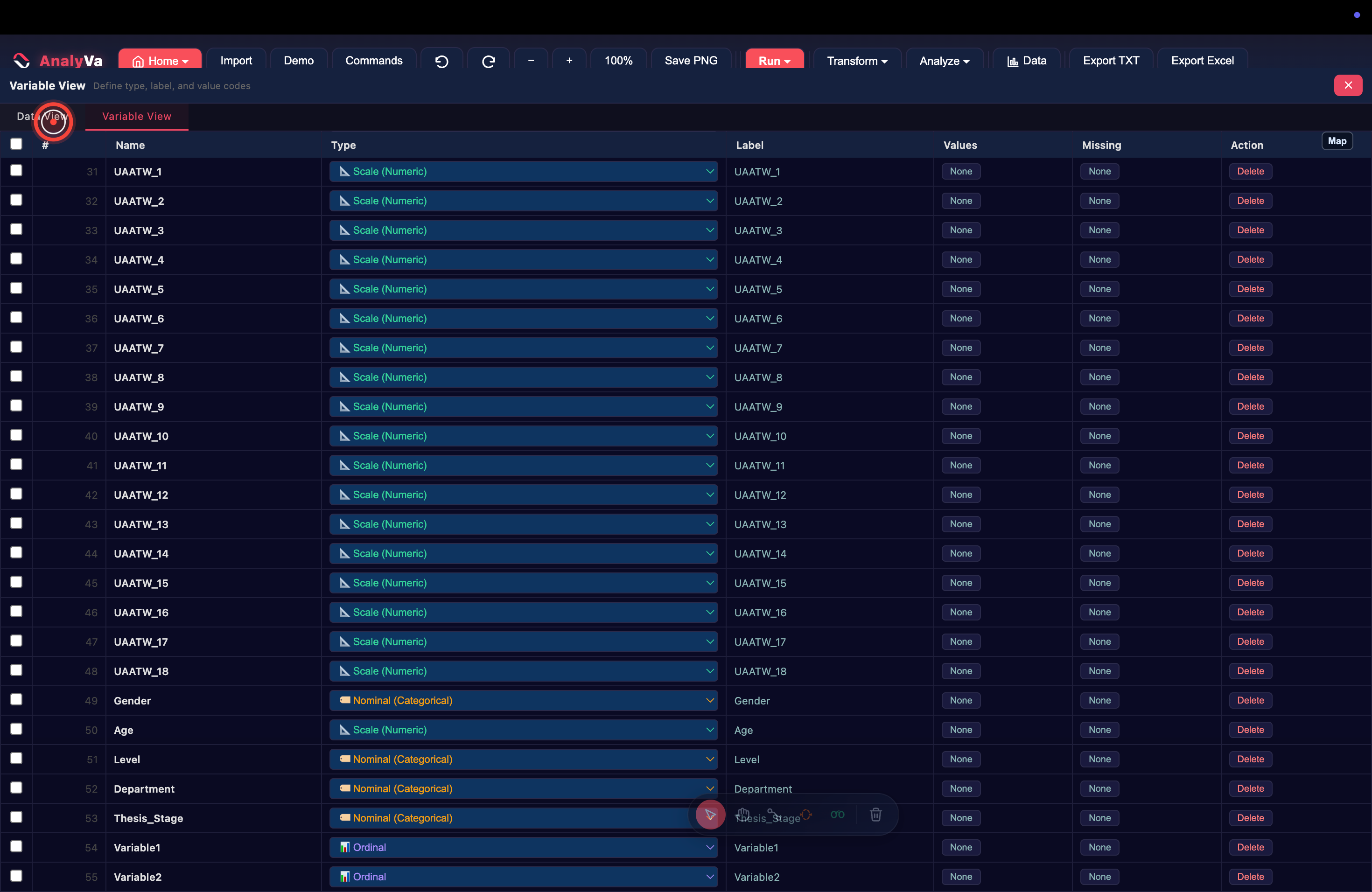 The Variable View tab in the Data browser