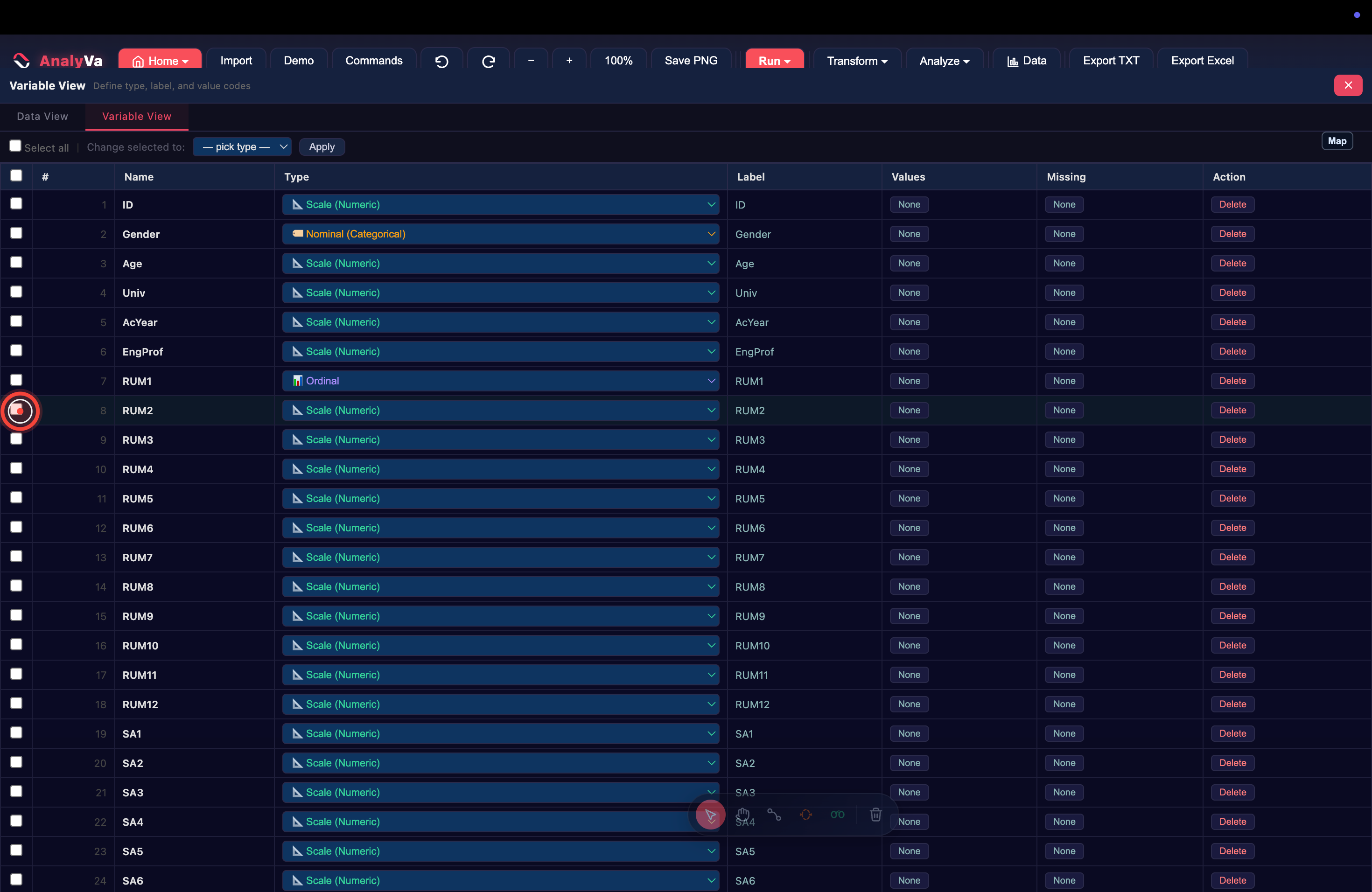 The Variable View listing all typed variables