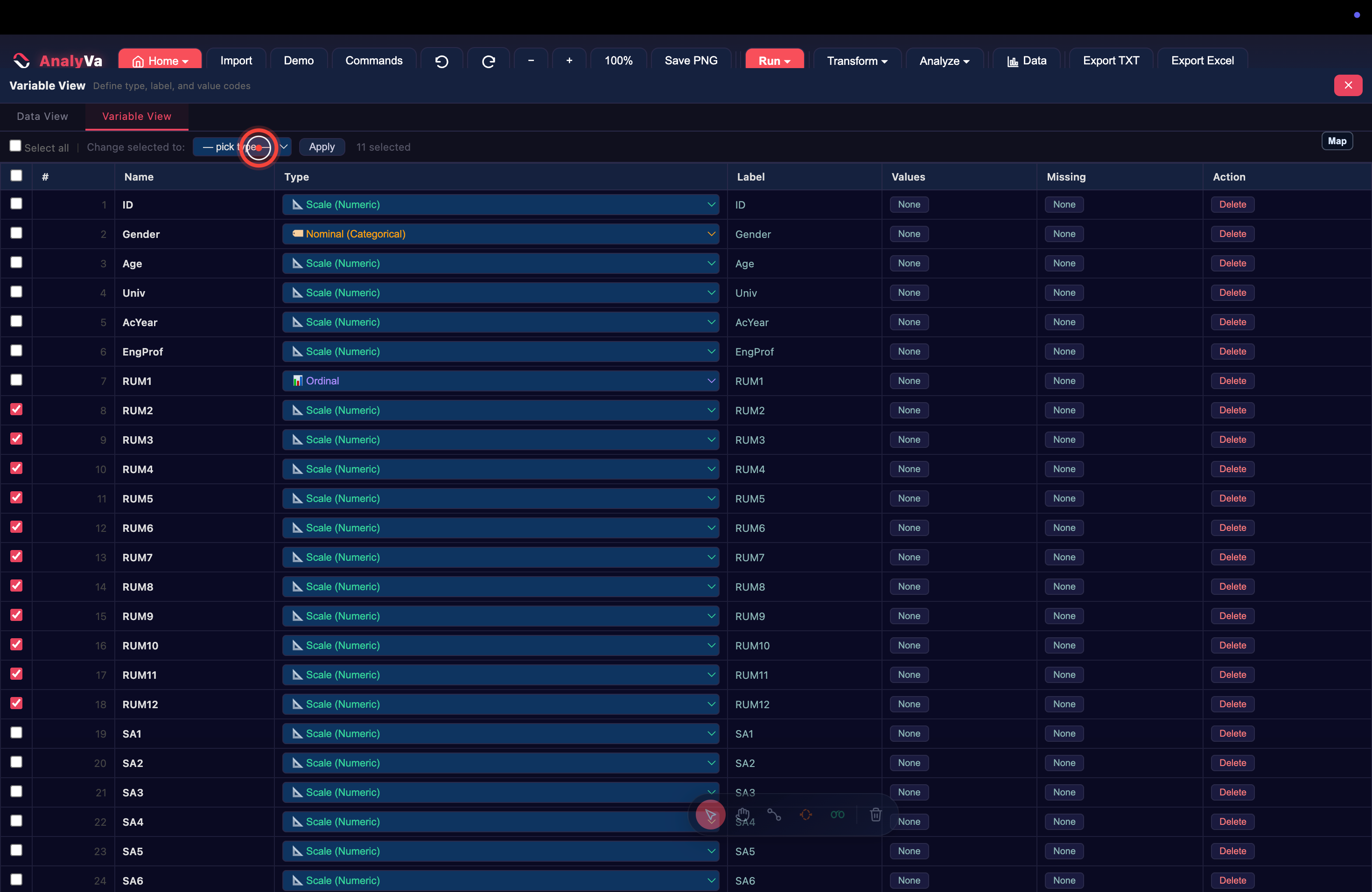 Multiple rows selected for bulk change