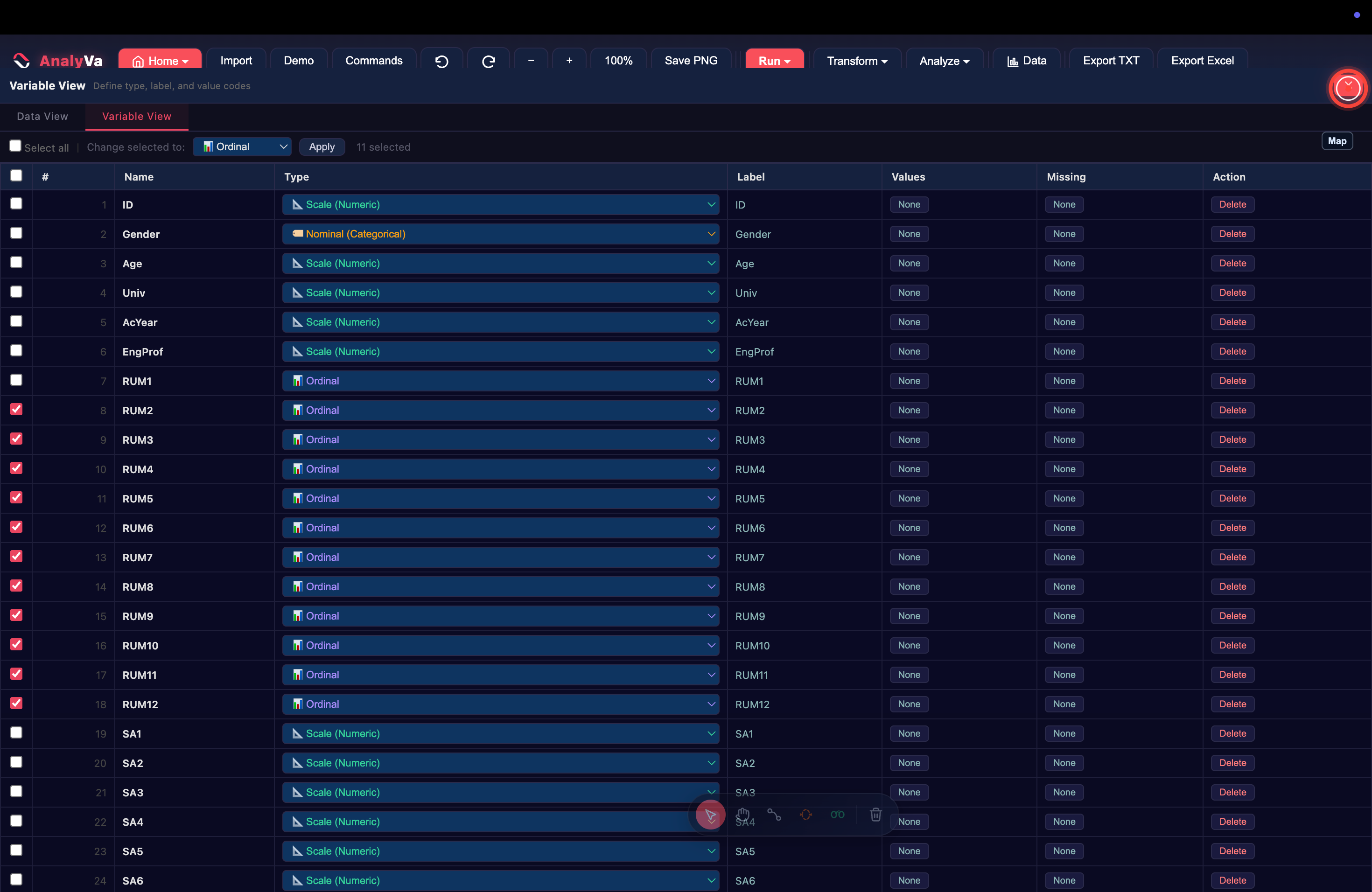 Back on the main workspace with the variables listed