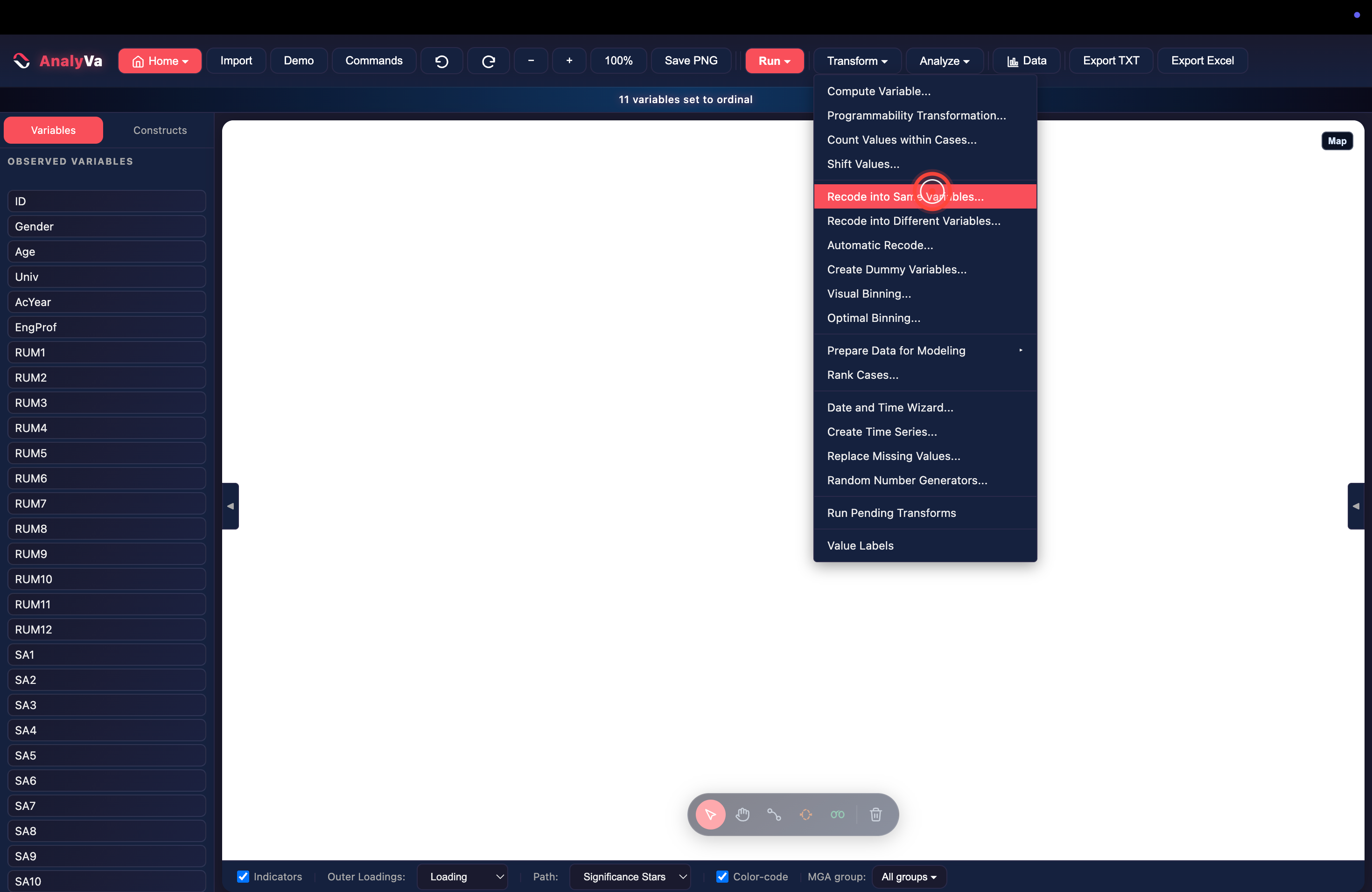 Transform menu with Recode into Same Variables highlighted
