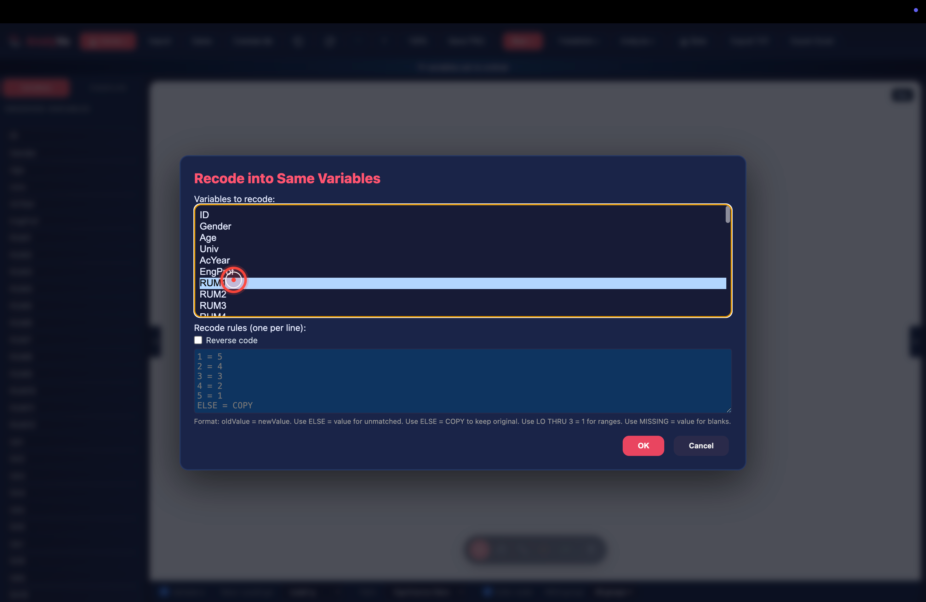 The Recode dialog with variables to recode listed