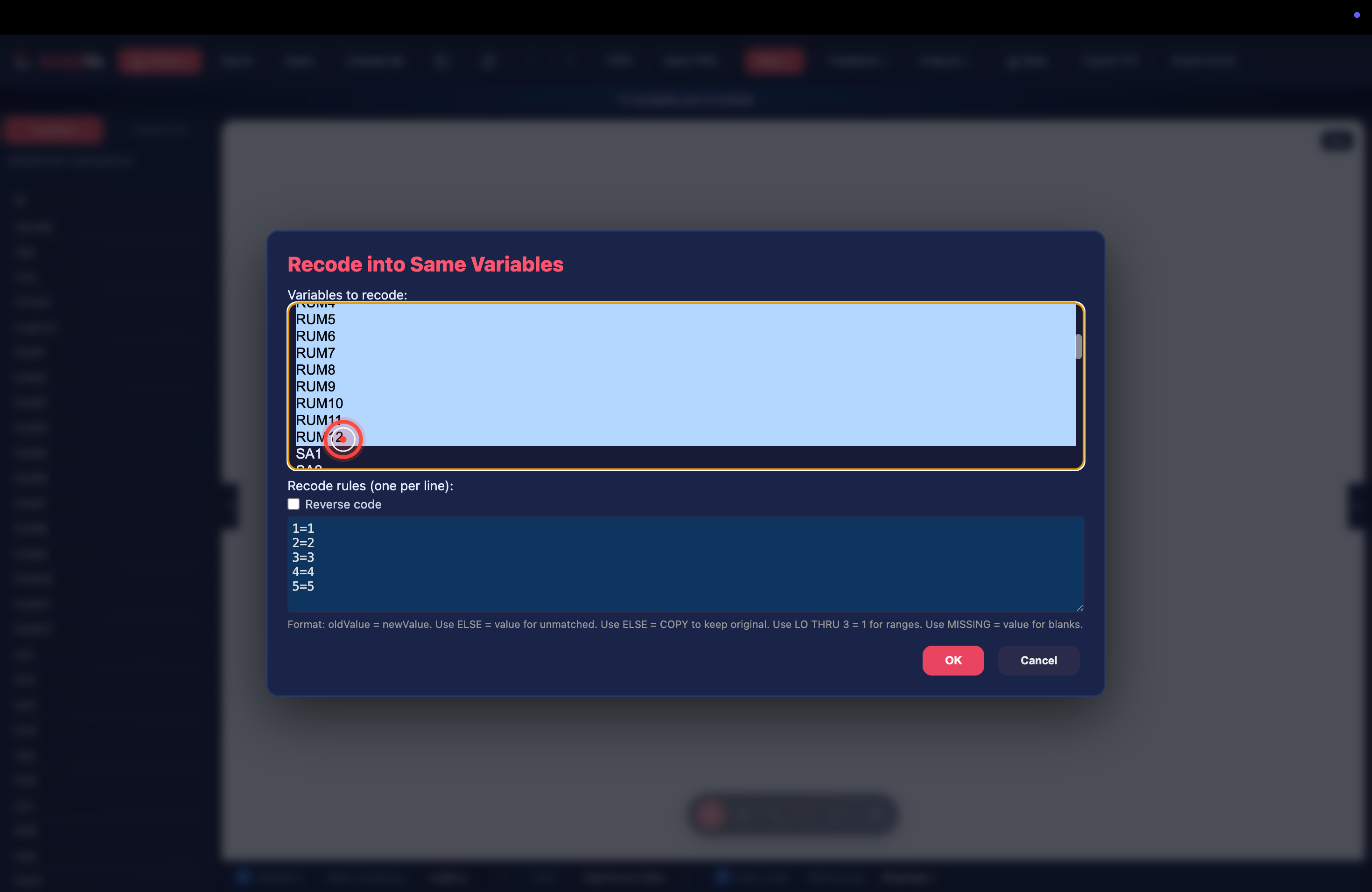 The Recode rules box with the Reverse code checkbox