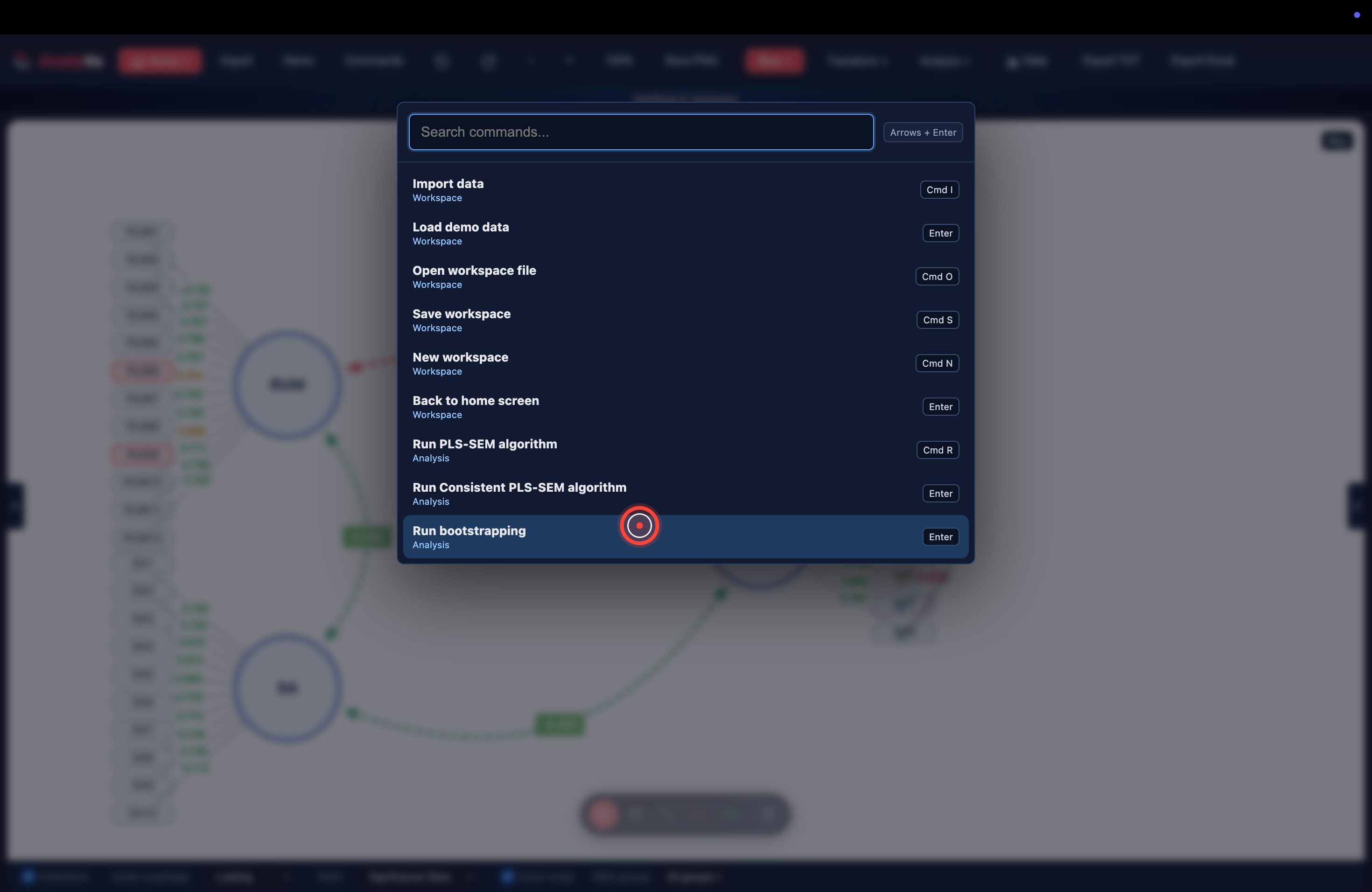 The command palette open on workspace commands (Import data, Save workspace, Load demo, Run bootstrapping)
