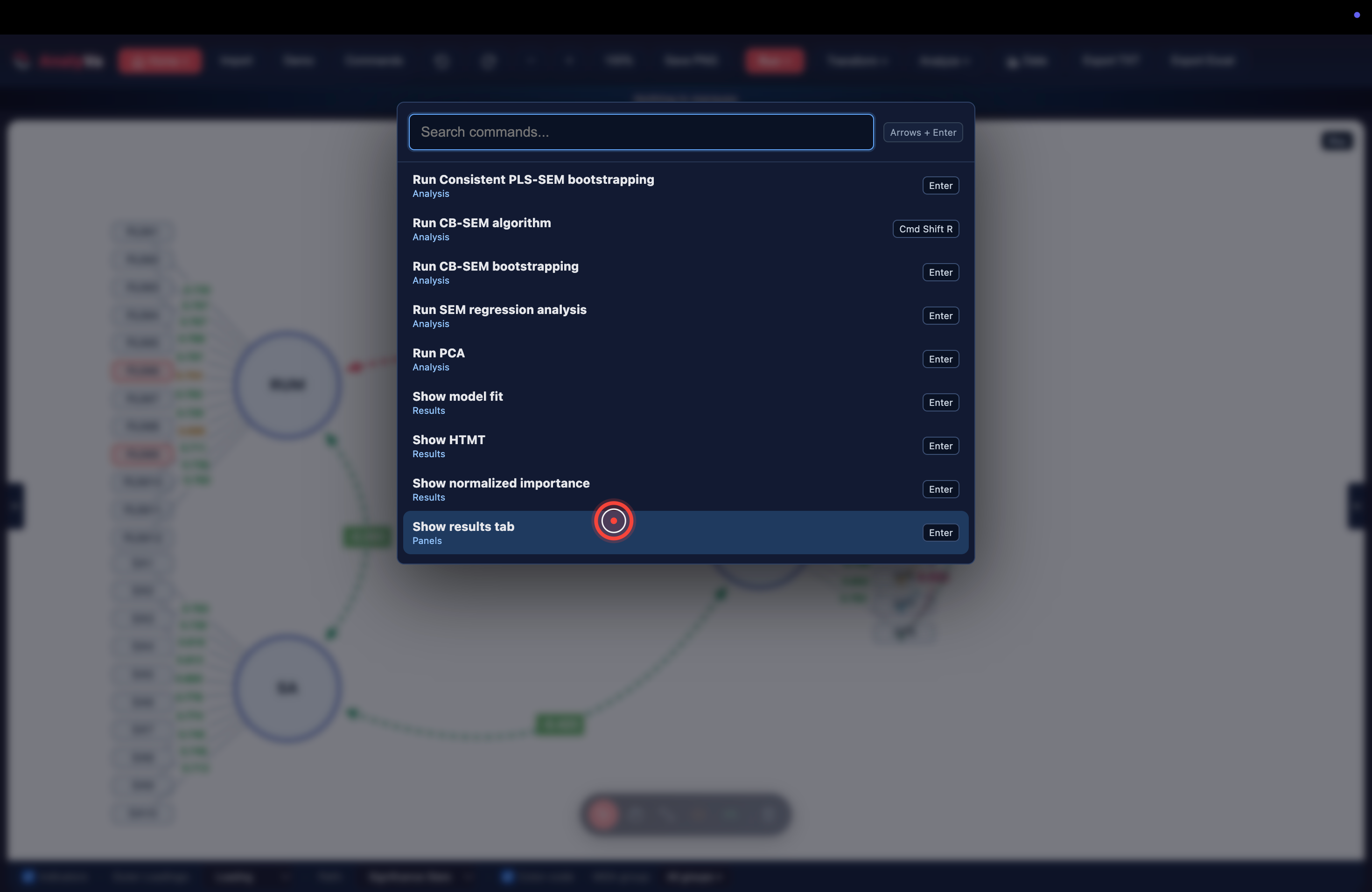 The palette scrolled to analysis commands (Run CB-SEM, Run bootstrapping, Show HTMT, Show model fit)
