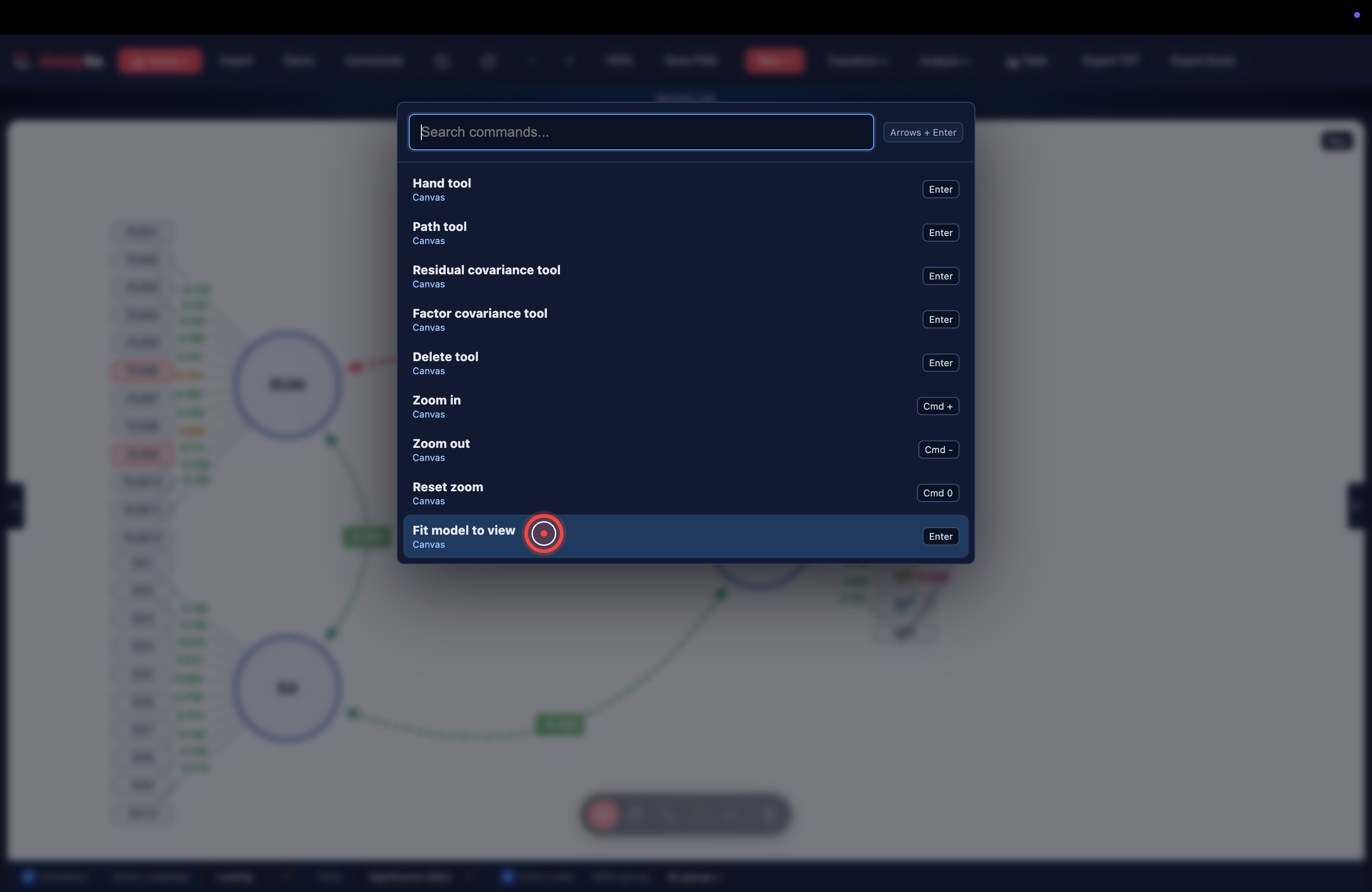 The palette scrolled to canvas commands (Hand tool, Path tool, Zoom in/out, Fit model to view)