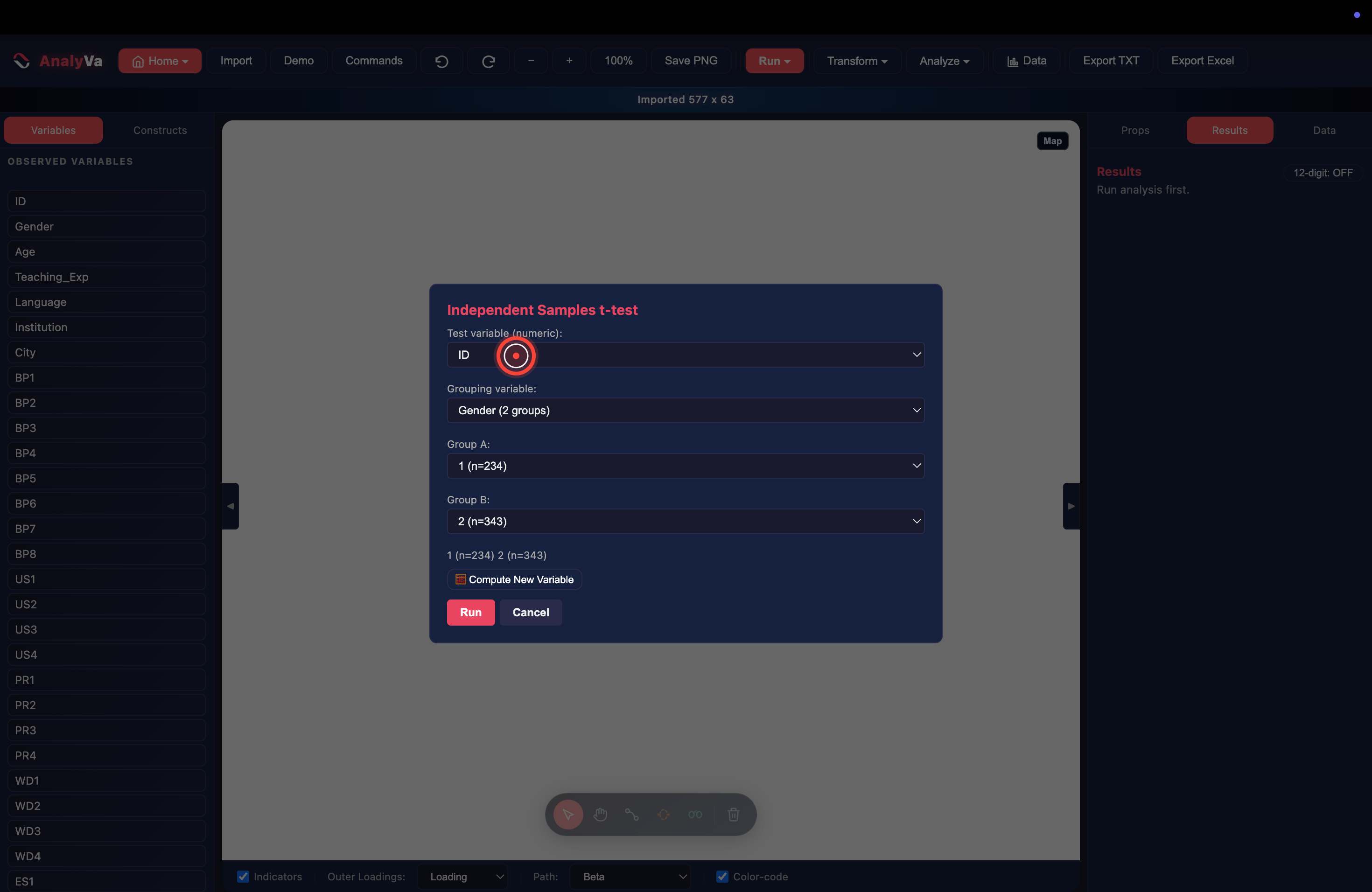 The Independent Samples t-test dialog with defaults