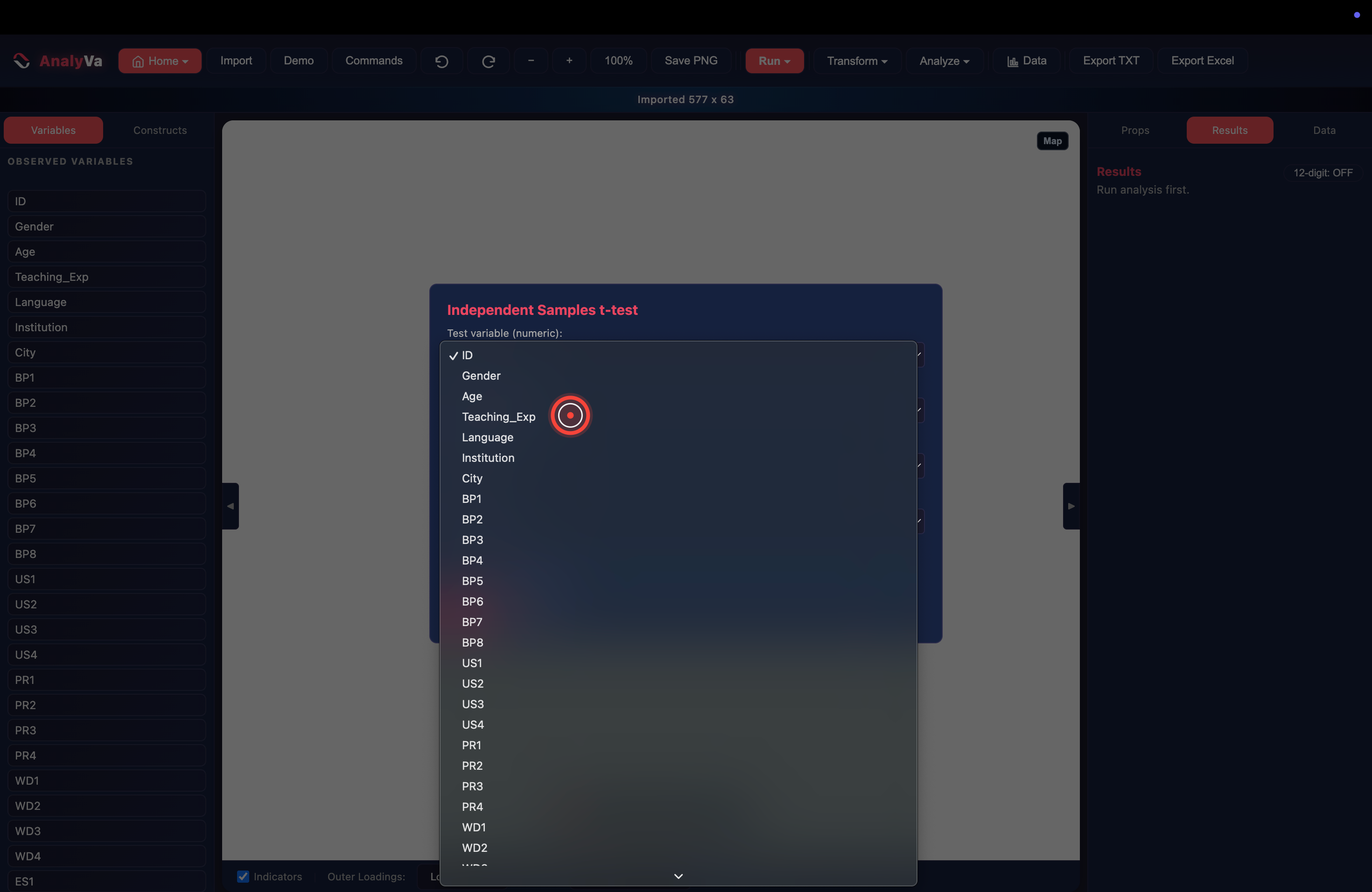 The Test variable dropdown open with Teaching_Exp highlighted