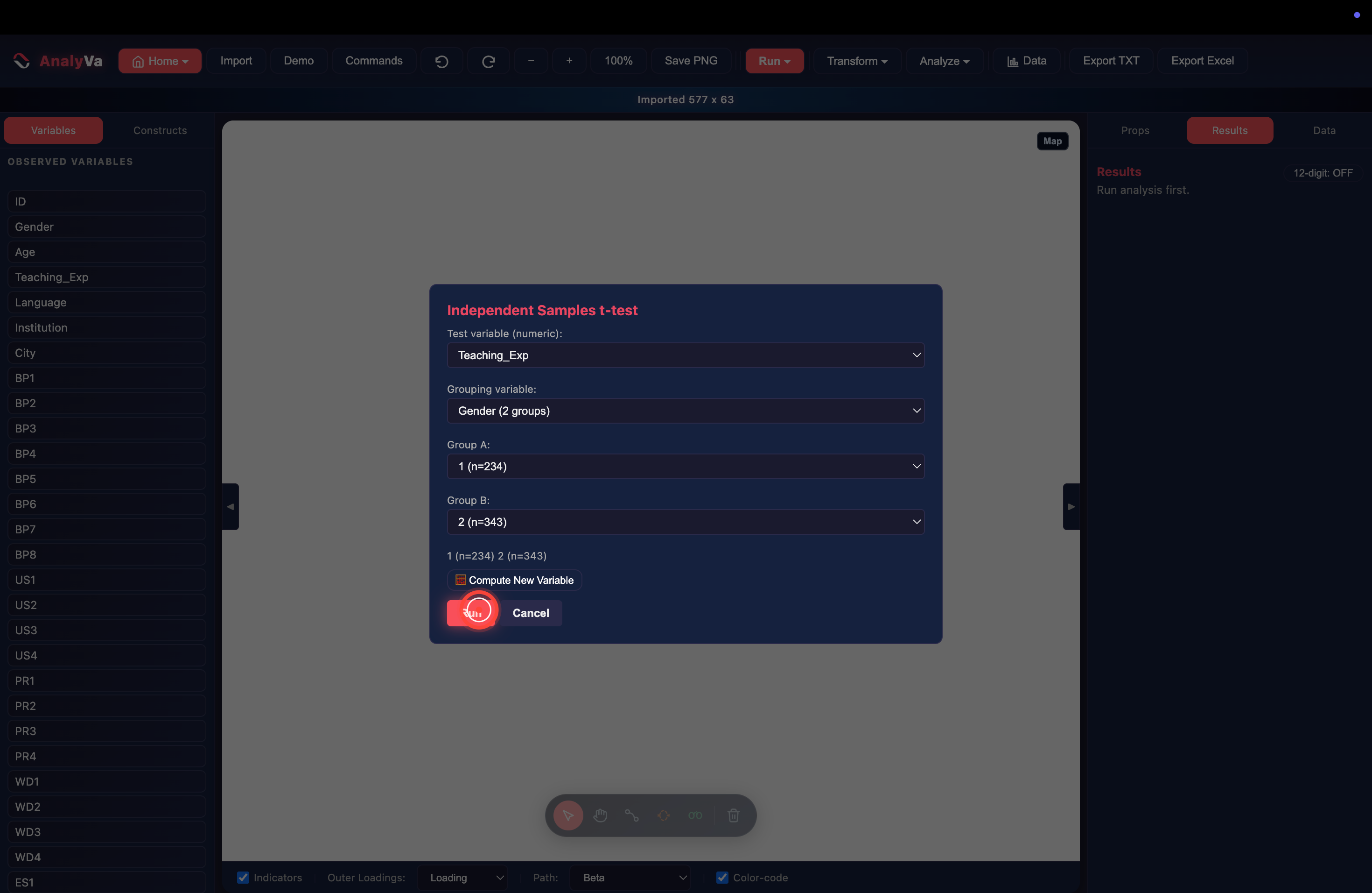 The t-test dialog with Teaching_Exp selected and the Run button highlighted